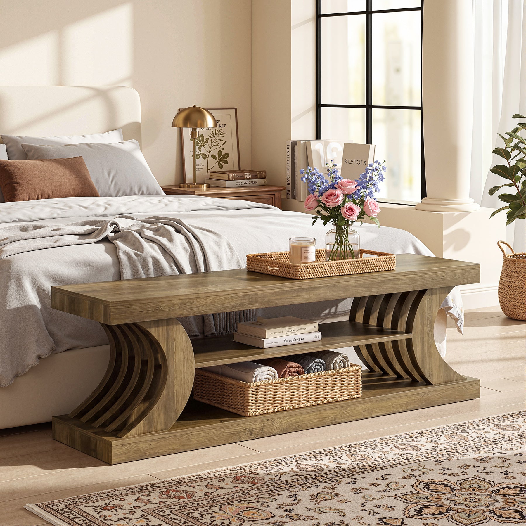 63" Entryway Bench, Wooden 3-Tier End of Bed Bench with Open Storage