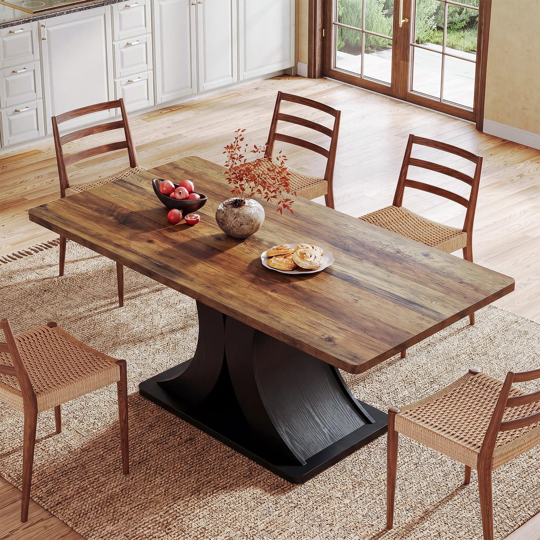 55-Inch Dining Table for 4-6, Farmhouse Wooden Table with Pedestal Base for Kitchen Dining Room