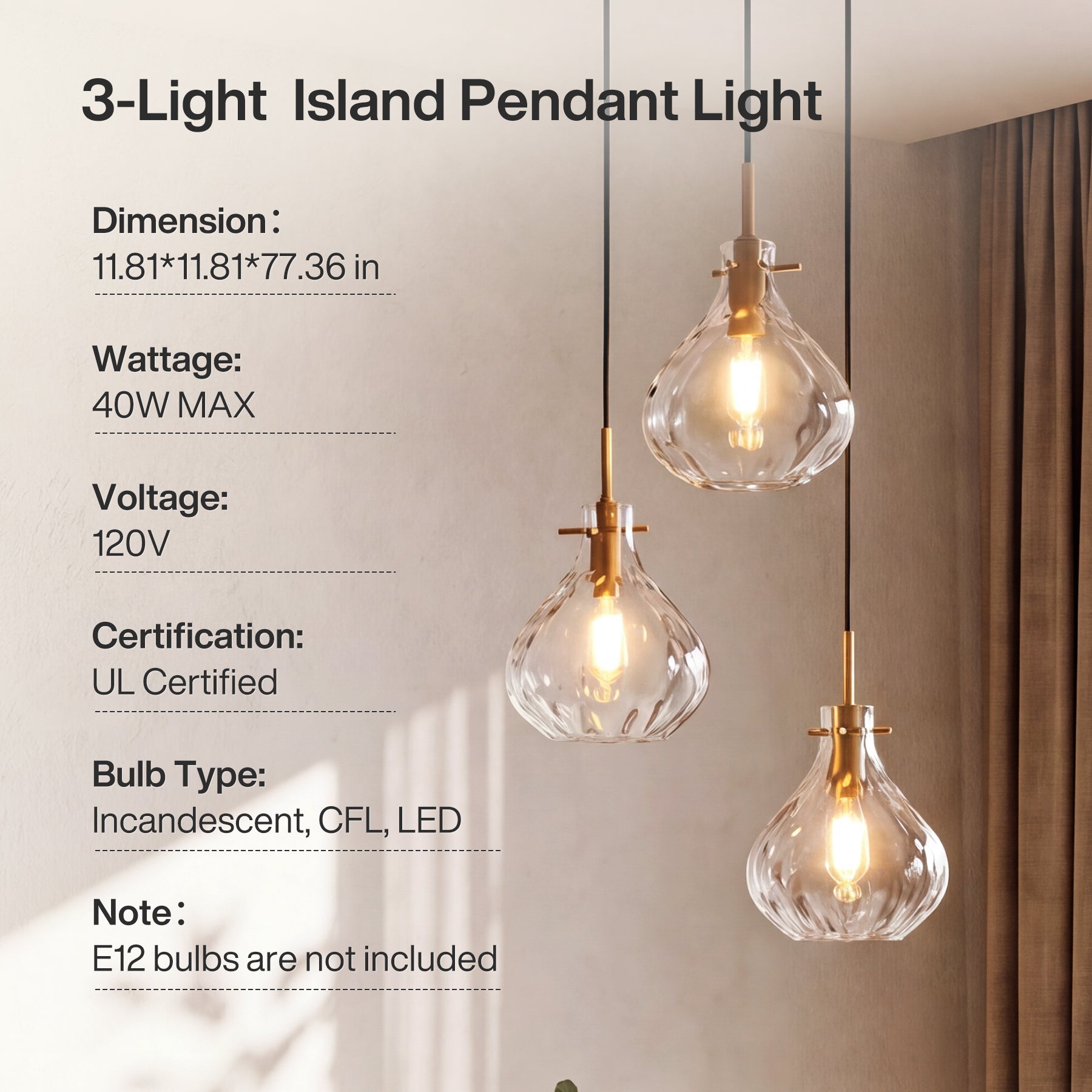 Modern 3-Light Pendant Lighting with Water Ripple Glass Shade, Kitchen Island Lighting with Adjustable Height