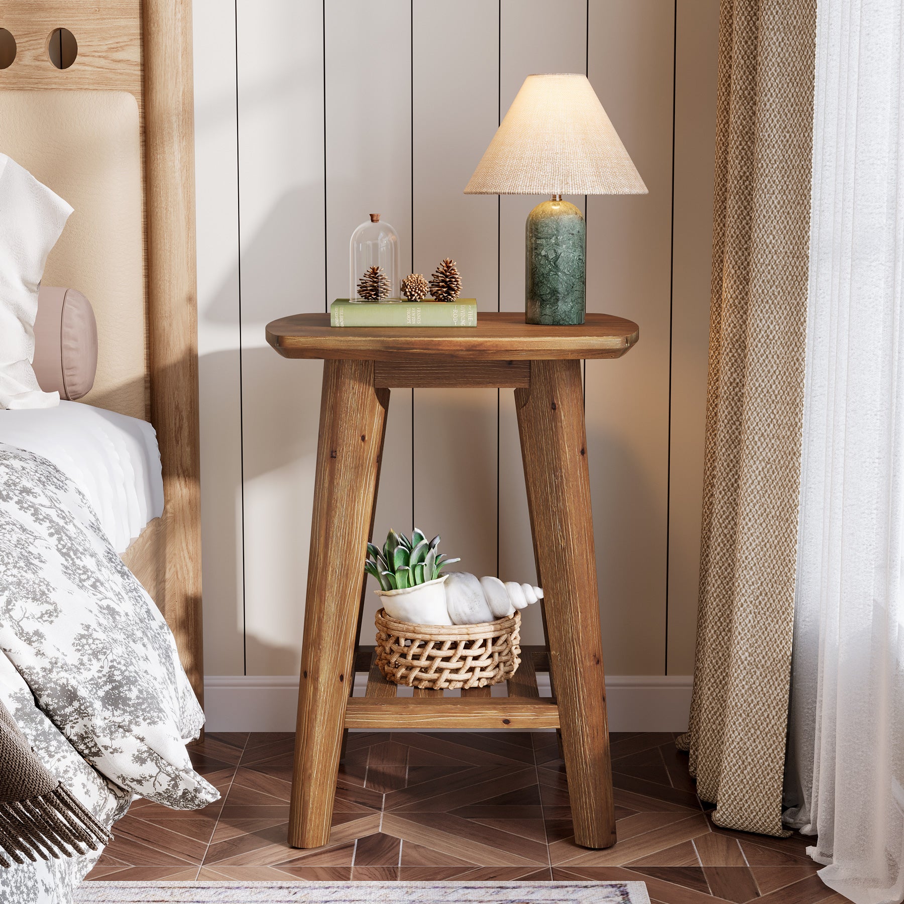 19.69" Square Side Table with 2-Tier Storage Shelf, Solid Wood End Table for Living Room and Sofa Side