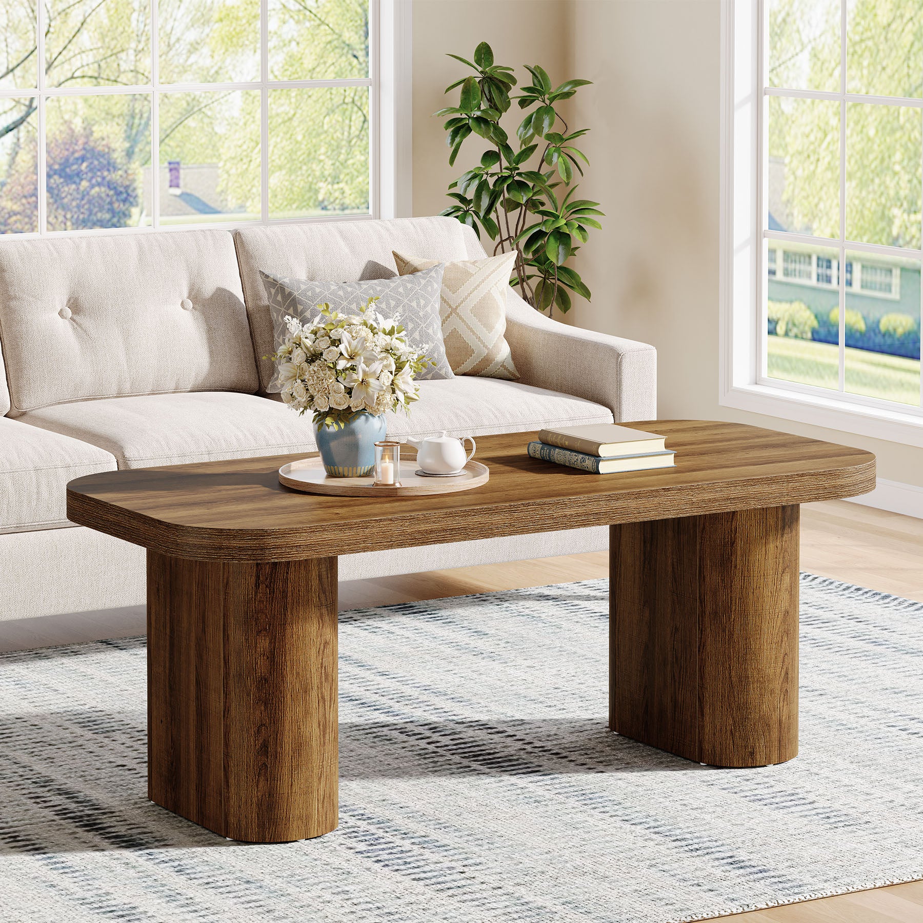 47-Inch Farmhouse Coffee Table, Rectangular Center Table with Rounded Corners and Sturdy Base