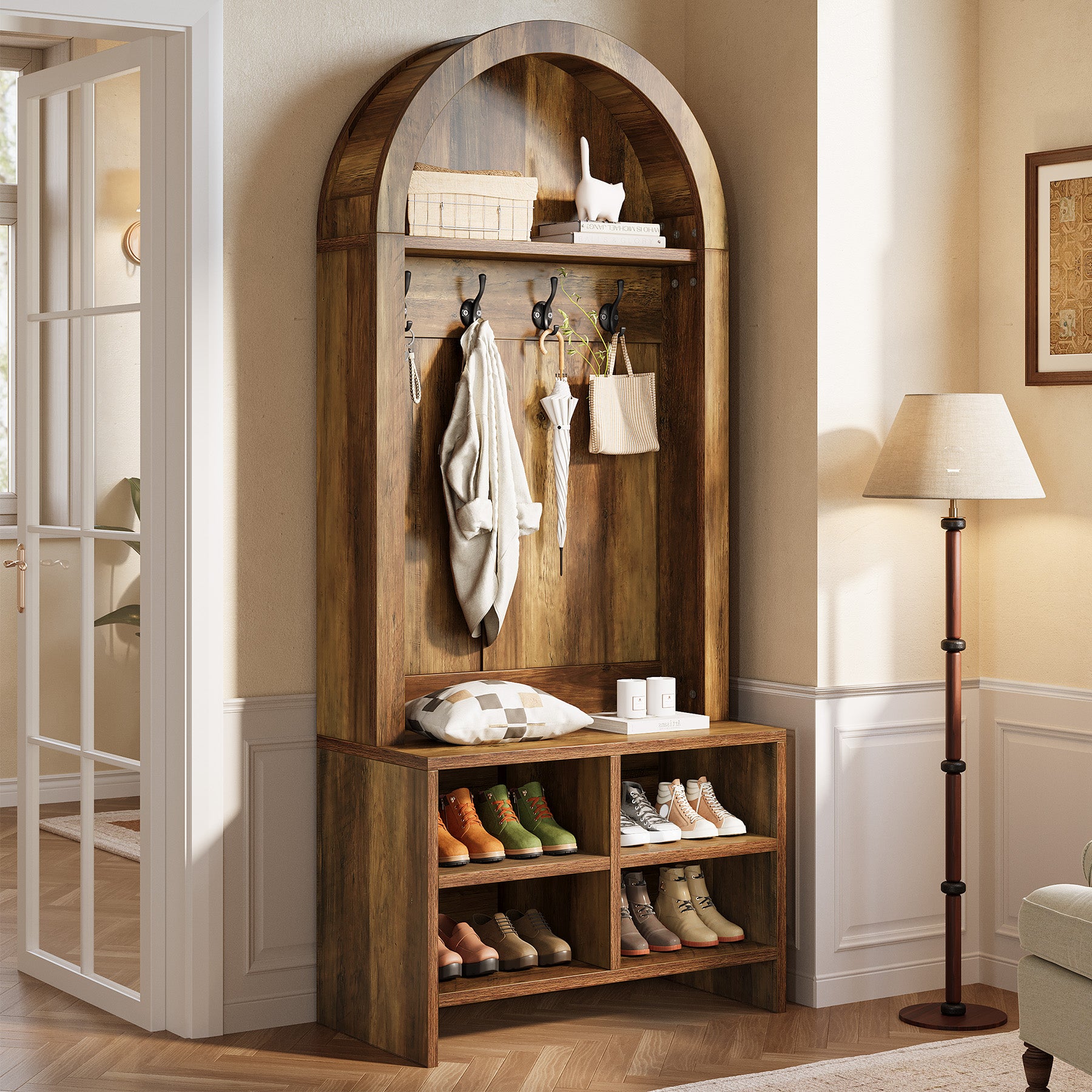 Hall Tree, Arched Coat Rack with Bench and Shoe Storage - Thumbnail 2