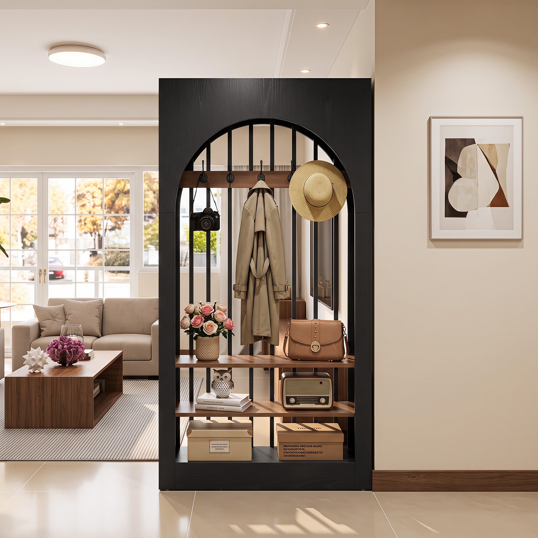 71" Arched Wall Room Divider, Modern Room Partition Privacy Screen with Hooks & Shelves