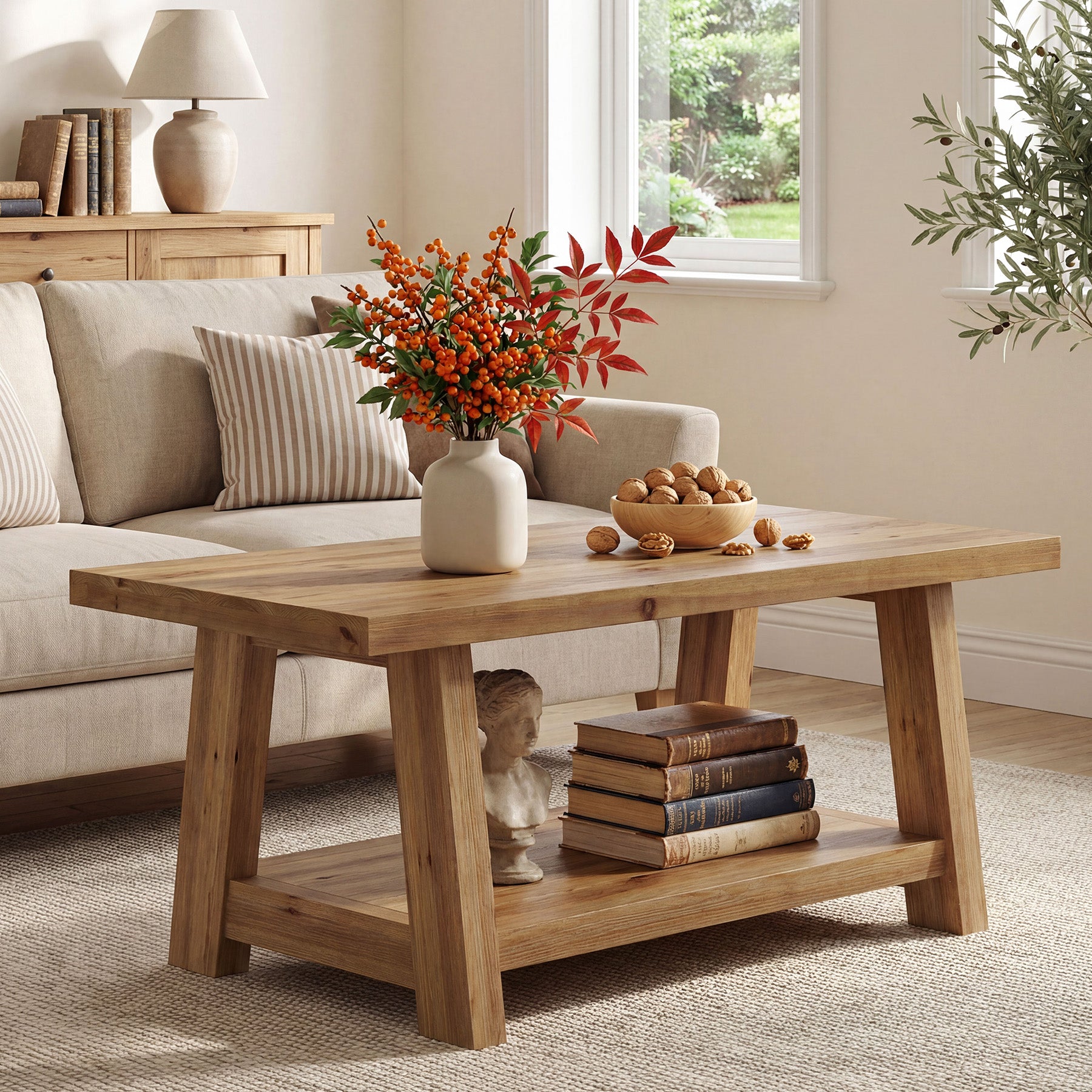 Solid Wood Coffee Table, 2-Tier Rectangle Center Table with Lower Storage Shelf