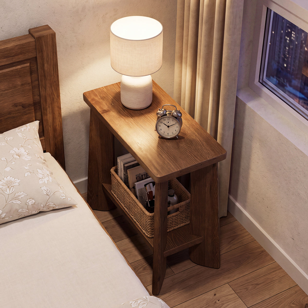 24" Rustic Farmhouse End Table, 2-Tier Narrow Solid Wood Nightstand, Living Room
