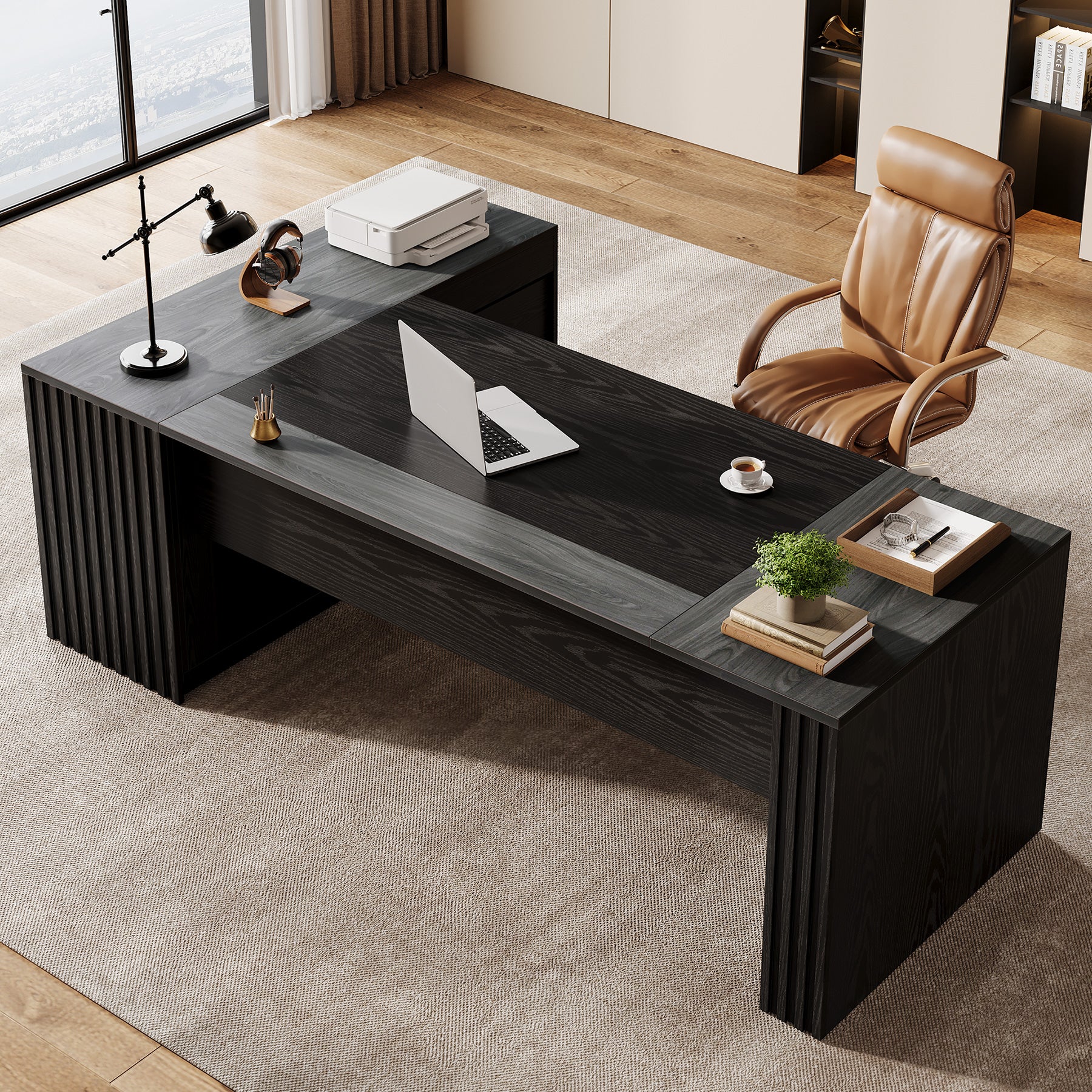 L-Shaped Executive Desk, 78.7" Computer Desk with Cabinet and Storage Shelves