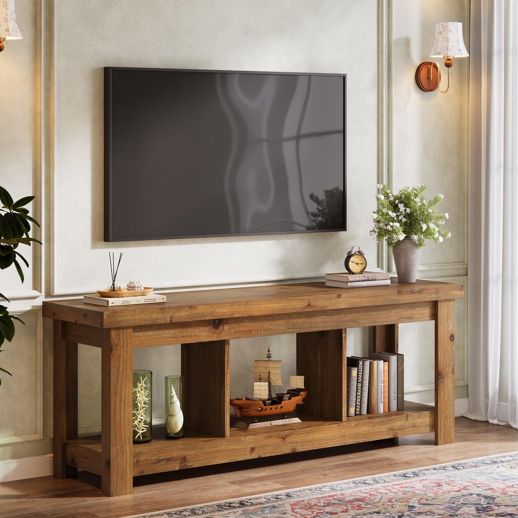 63" Solid Wood TV Stand With 3 Open Shelves for 55/60/65/75-Inch TVs