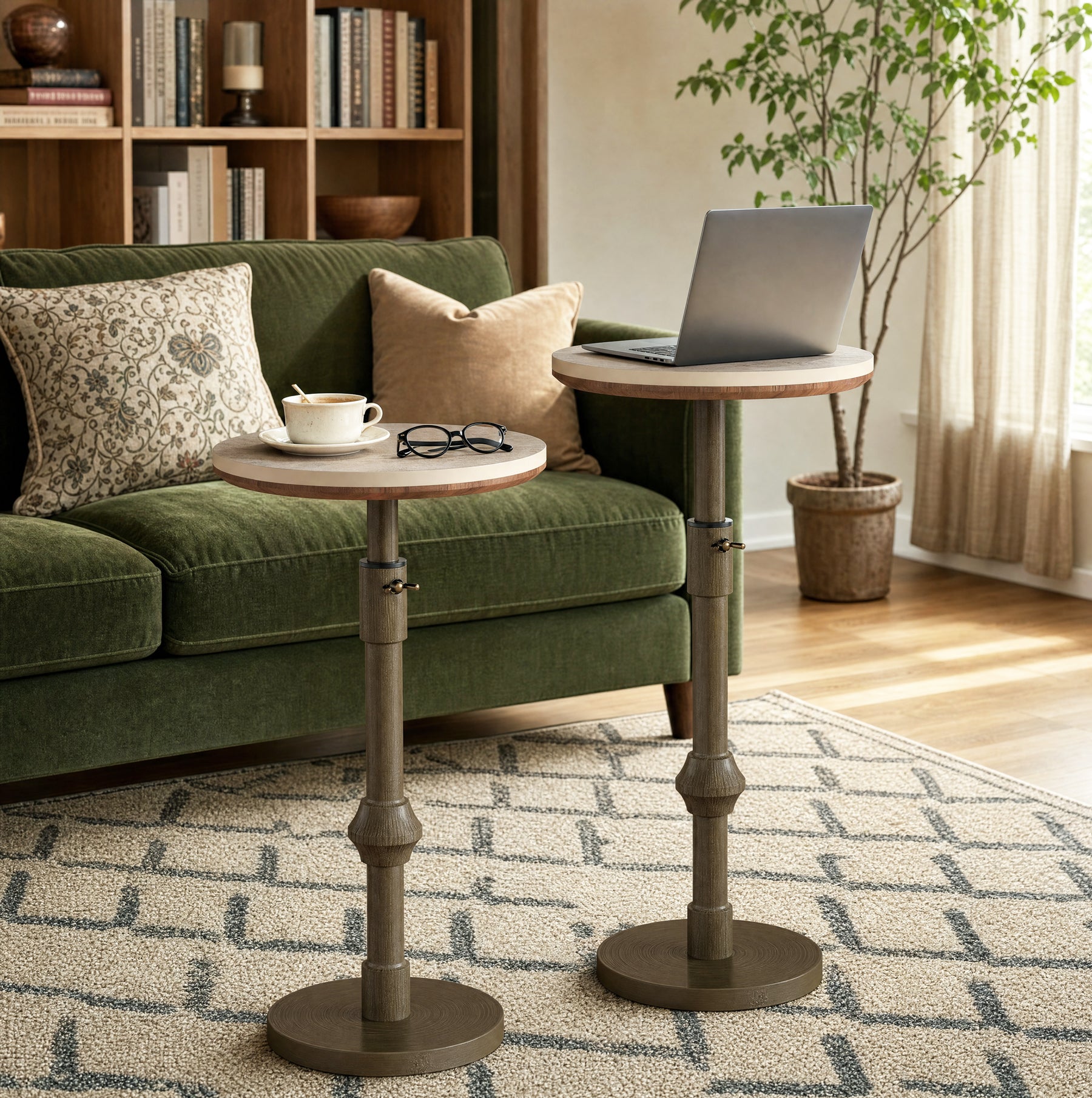 Adjustable-Height End Table with Travertine Top and Antique Brass Stand Base