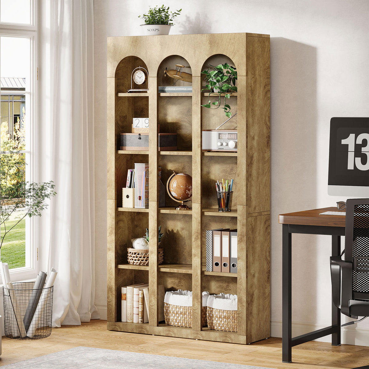 70.8" Wood Bookshelf, 5-Tier Rustic Bookcase Display Storage Shelving Unit