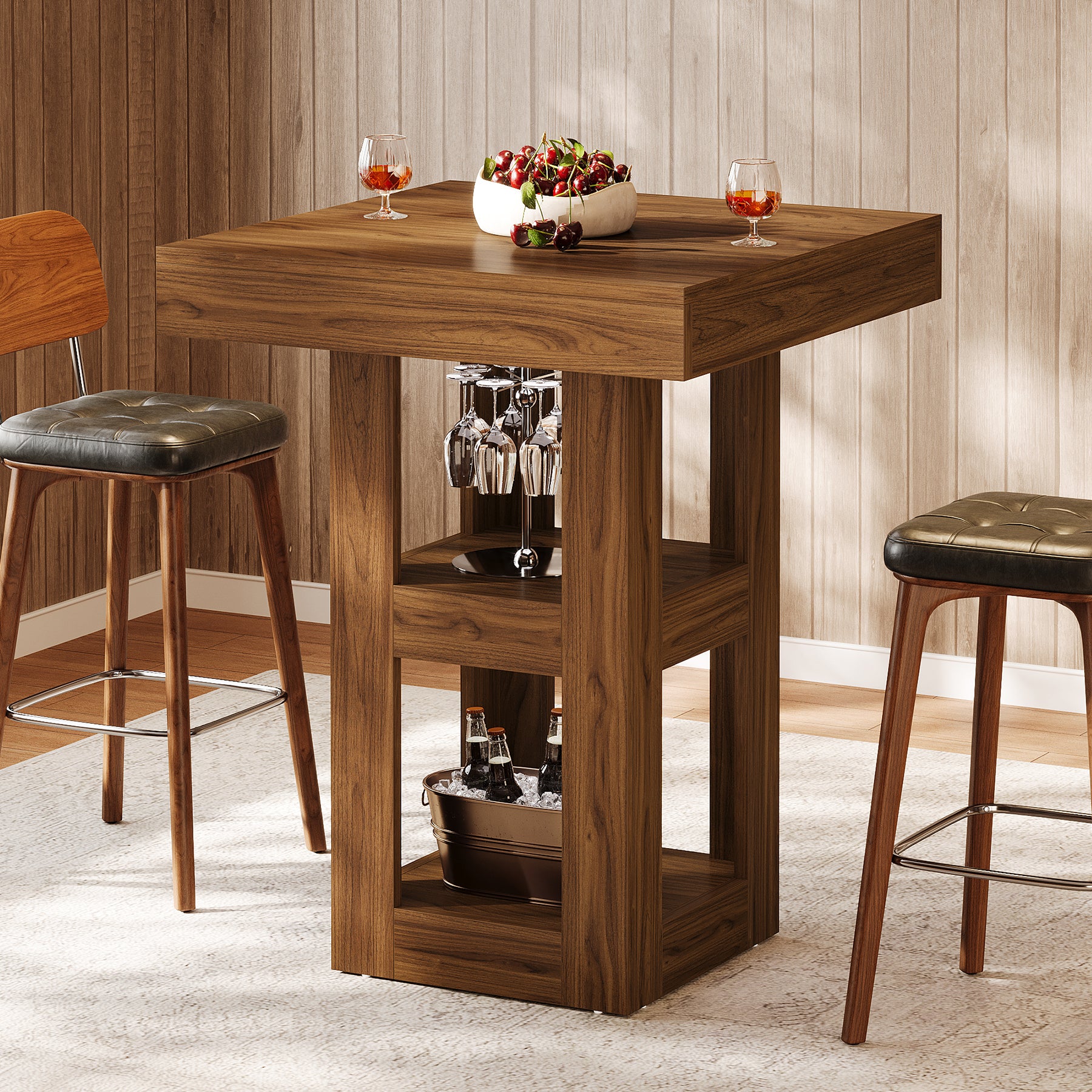 31.5" 3-Tier Wooden Pub Table – Square Home Bar Table with Storage Shelves for Kitchen, Dining
