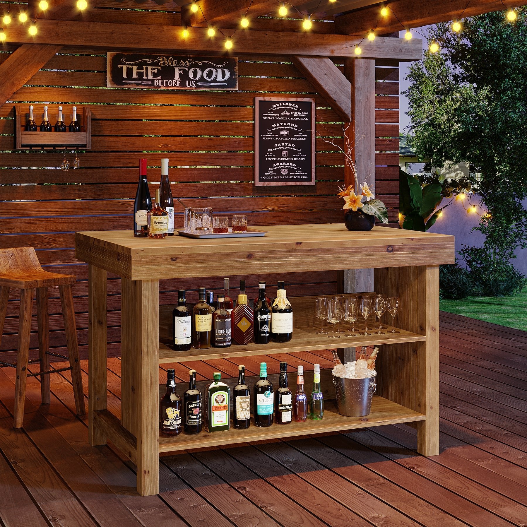 55" Farmhouse Bar Table, 3-Tier Solid Wood Bar Unit with Open Storage Shelves