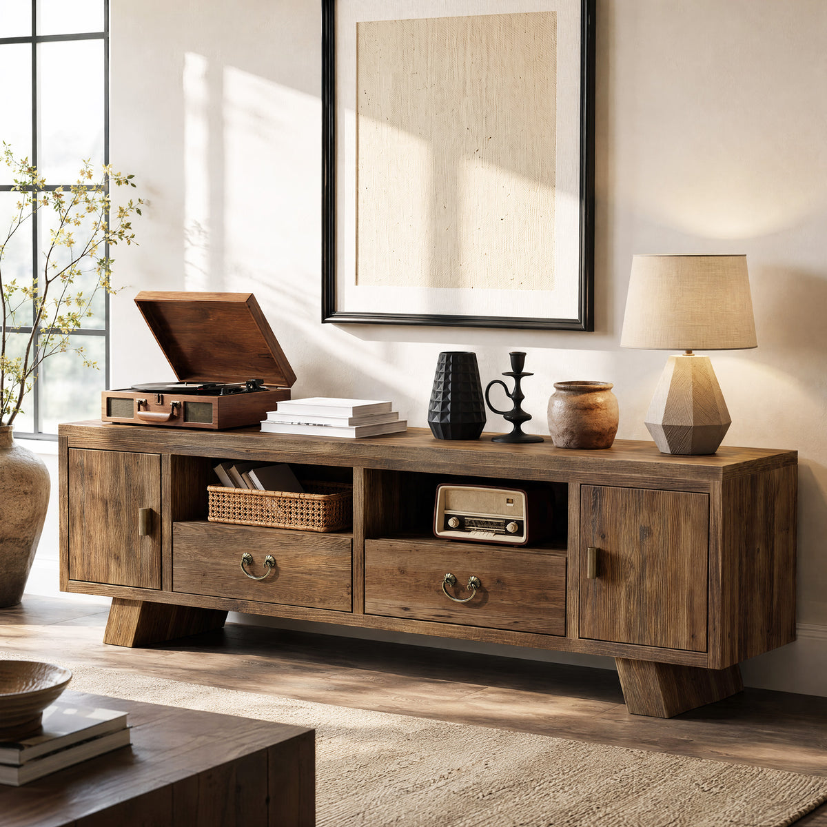71" Farmhouse Solid Wood TV Stand for TVs Up to 80", Media Console with Storage