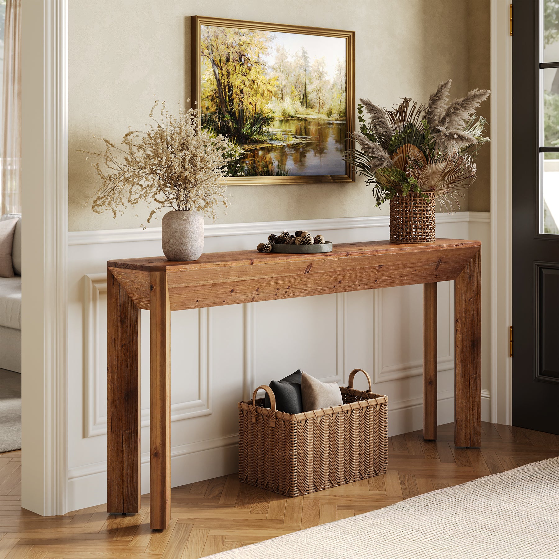 Solid Wood Console Table, 63" Entryway Table with Integrated Splayed Legs