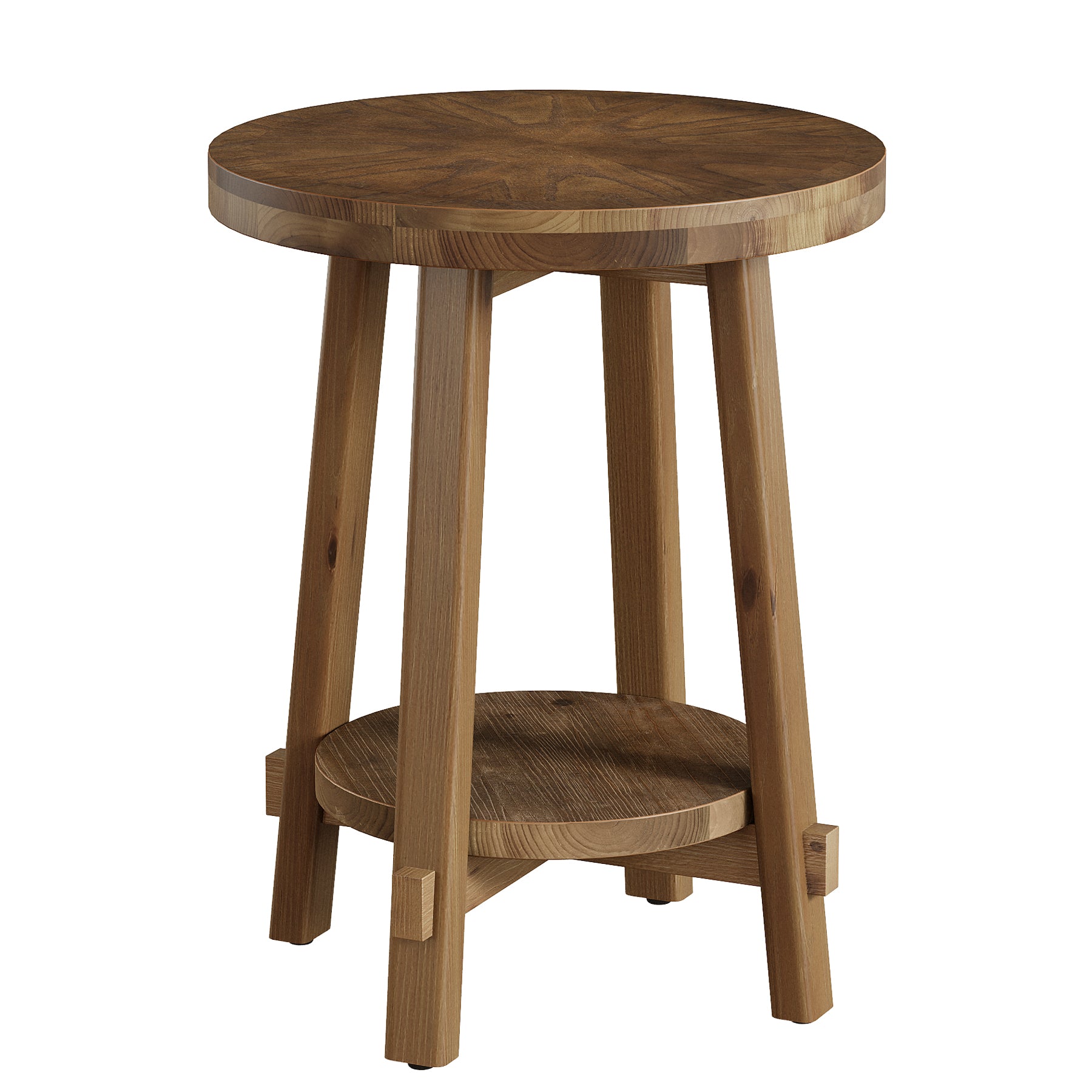 19.6" Round End Table, Solid Wood Side Table with 2-Tier Storage
