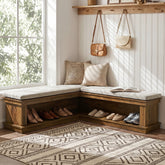 L-Shaped Storage Bench with Cushion, 63" Entryway Shoe Bench with Open Shelves 3