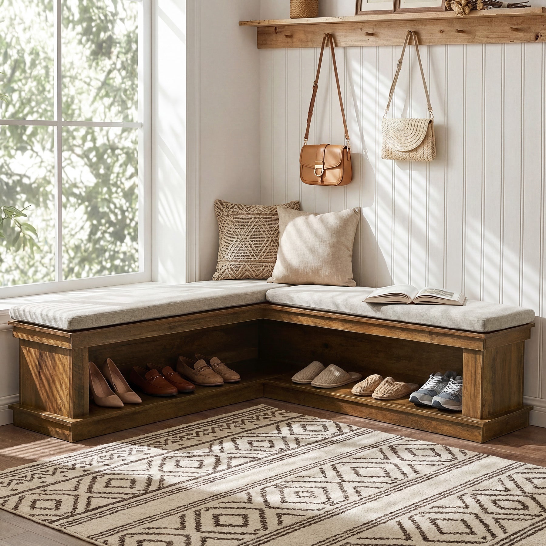 L-Shaped Storage Bench with Cushion, 63" Entryway Shoe Bench with Open Shelves