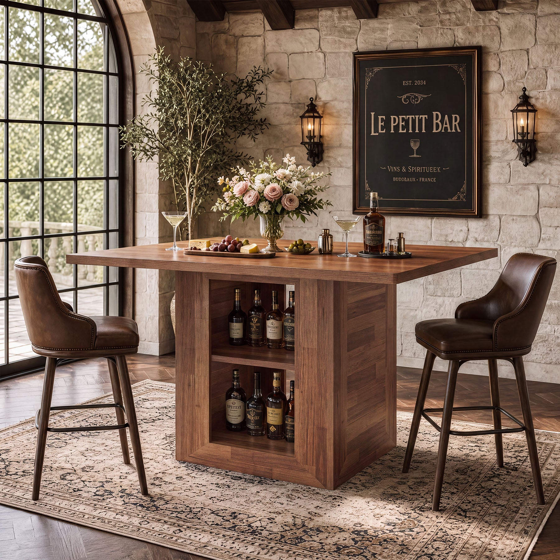 47" Square Counter Height Bar Table, Mid-Century Thick Pedestal Base, Storage, Pub Table