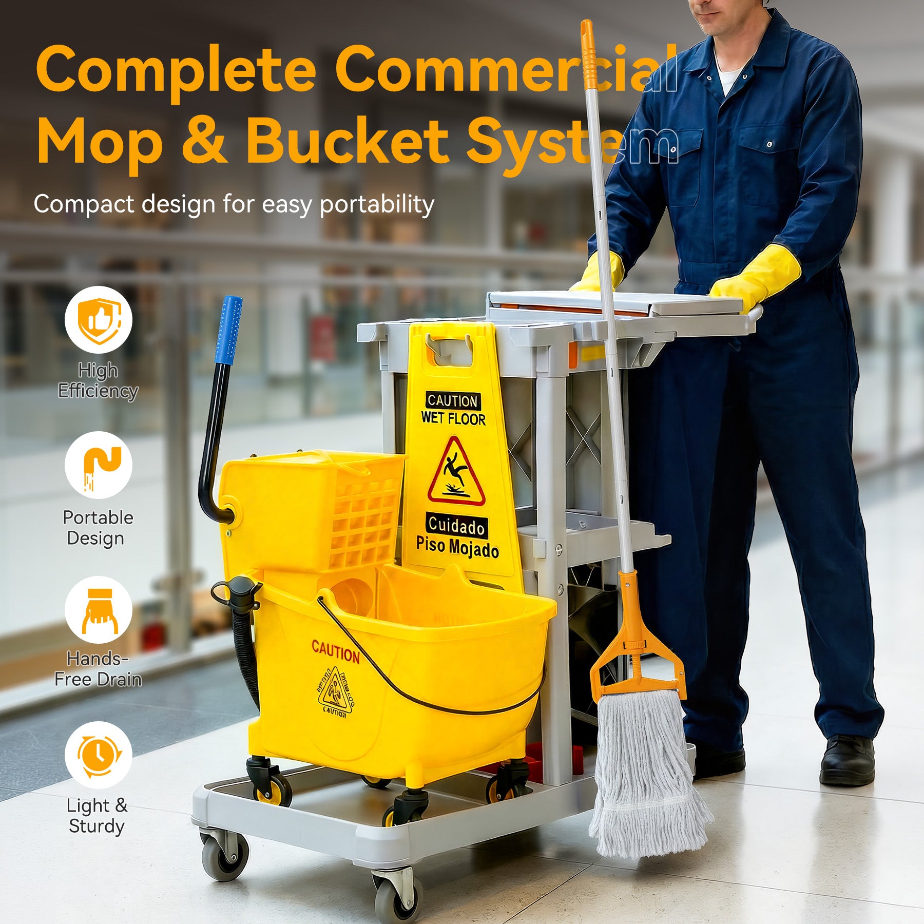 38 Qt Commercial Mop Bucket Set with Wringer, String Mop, Mop Head Refill, Gloves & Caution Sign