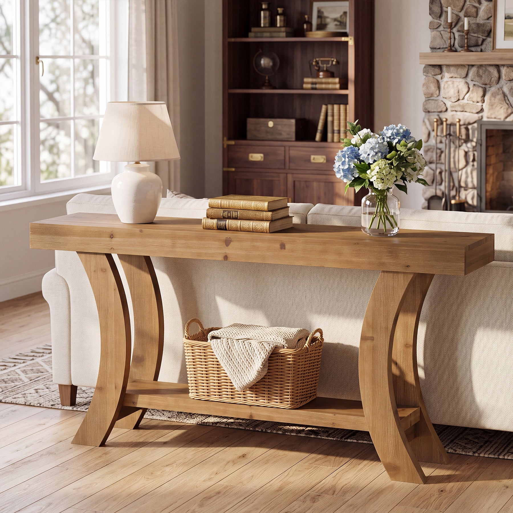 63" Solid Wood Console Table, Farmhouse Sofa Table with Storage Shelf & Arch Frame