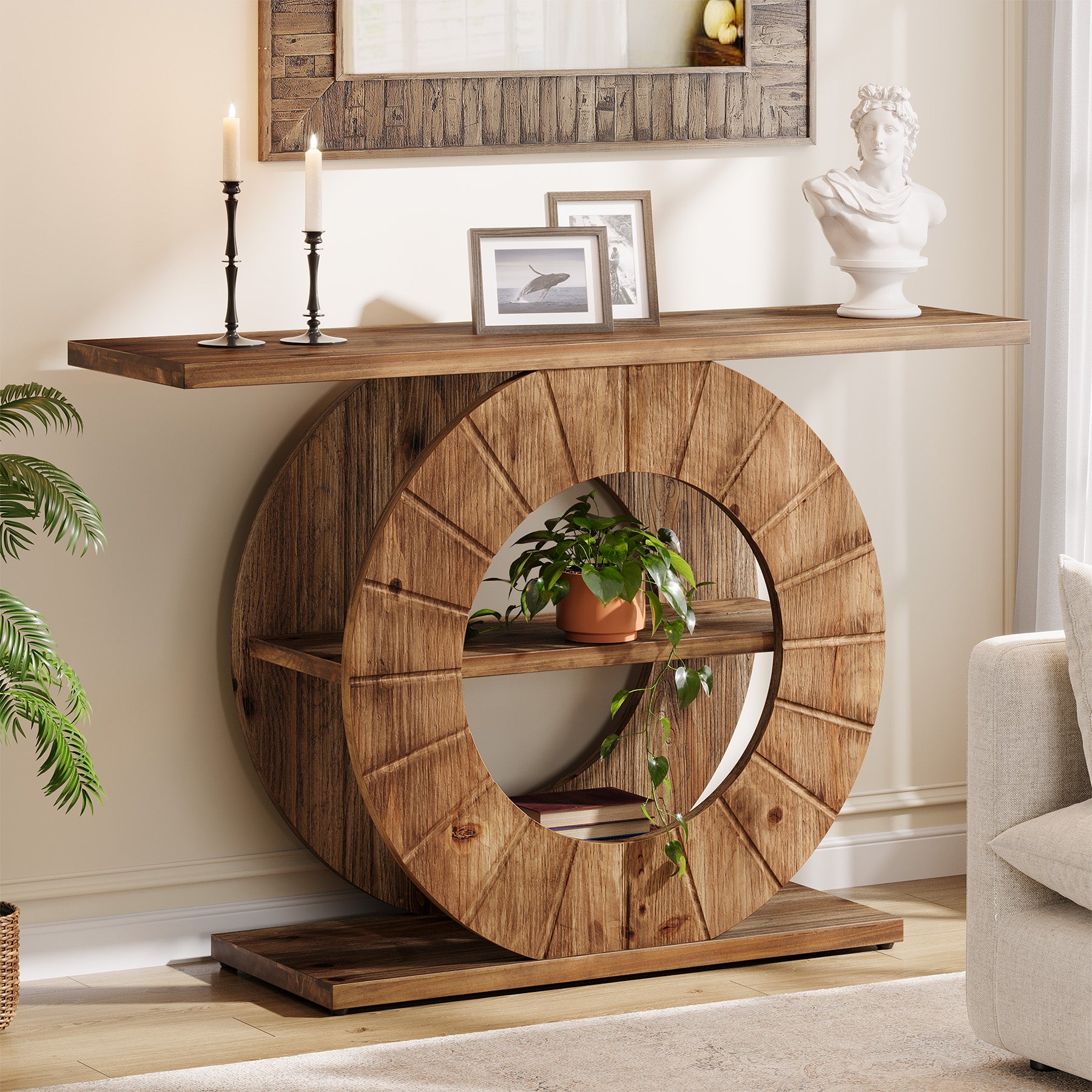 41" Solid Wood Farmhouse Console Table with 3-Tier Shelves, Narrow Sofa Table with Carved Circular Base