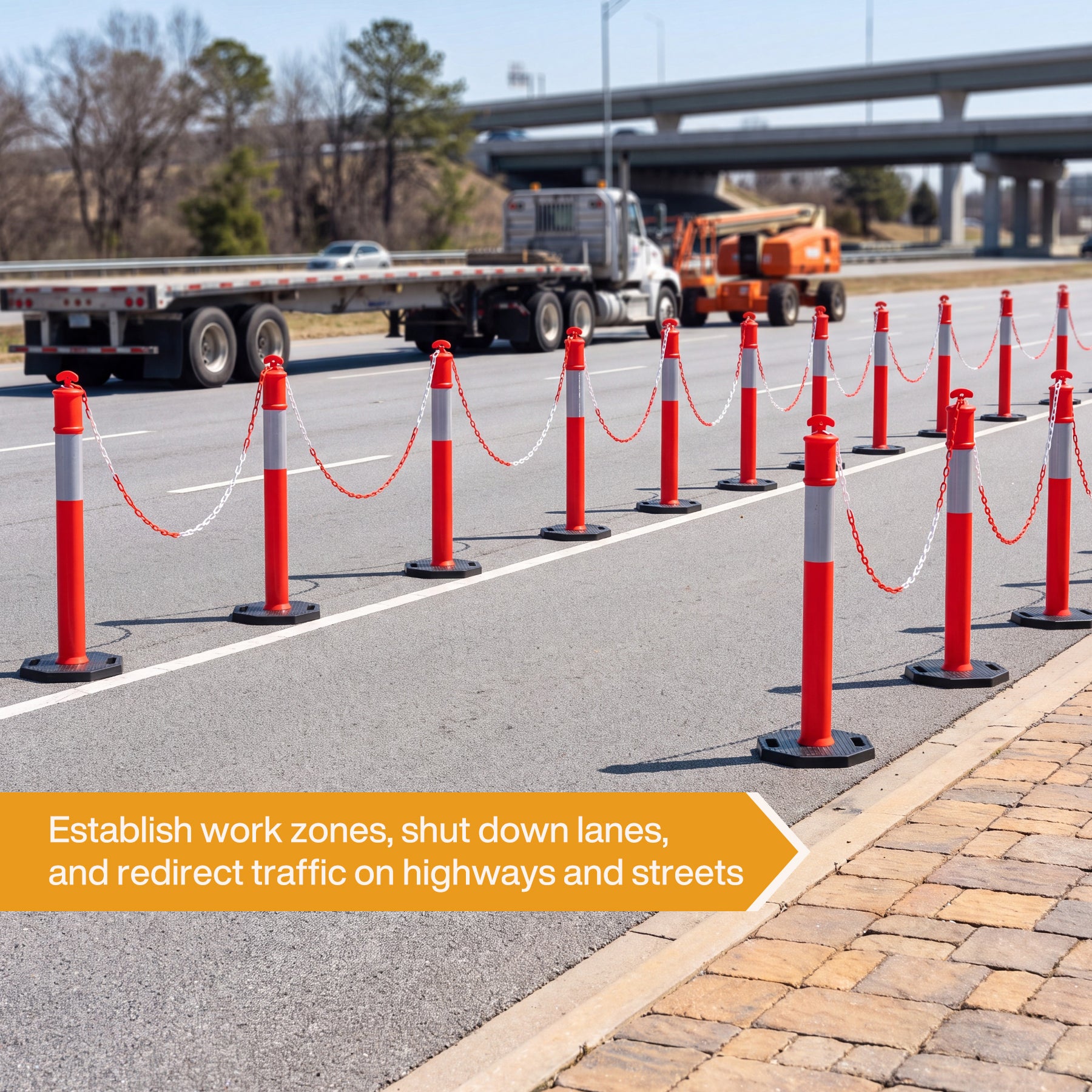 45" Reflective & Glow-in-the-Dark Traffic Delineator Posts with Heavy Rubber Base & Connecting Chains