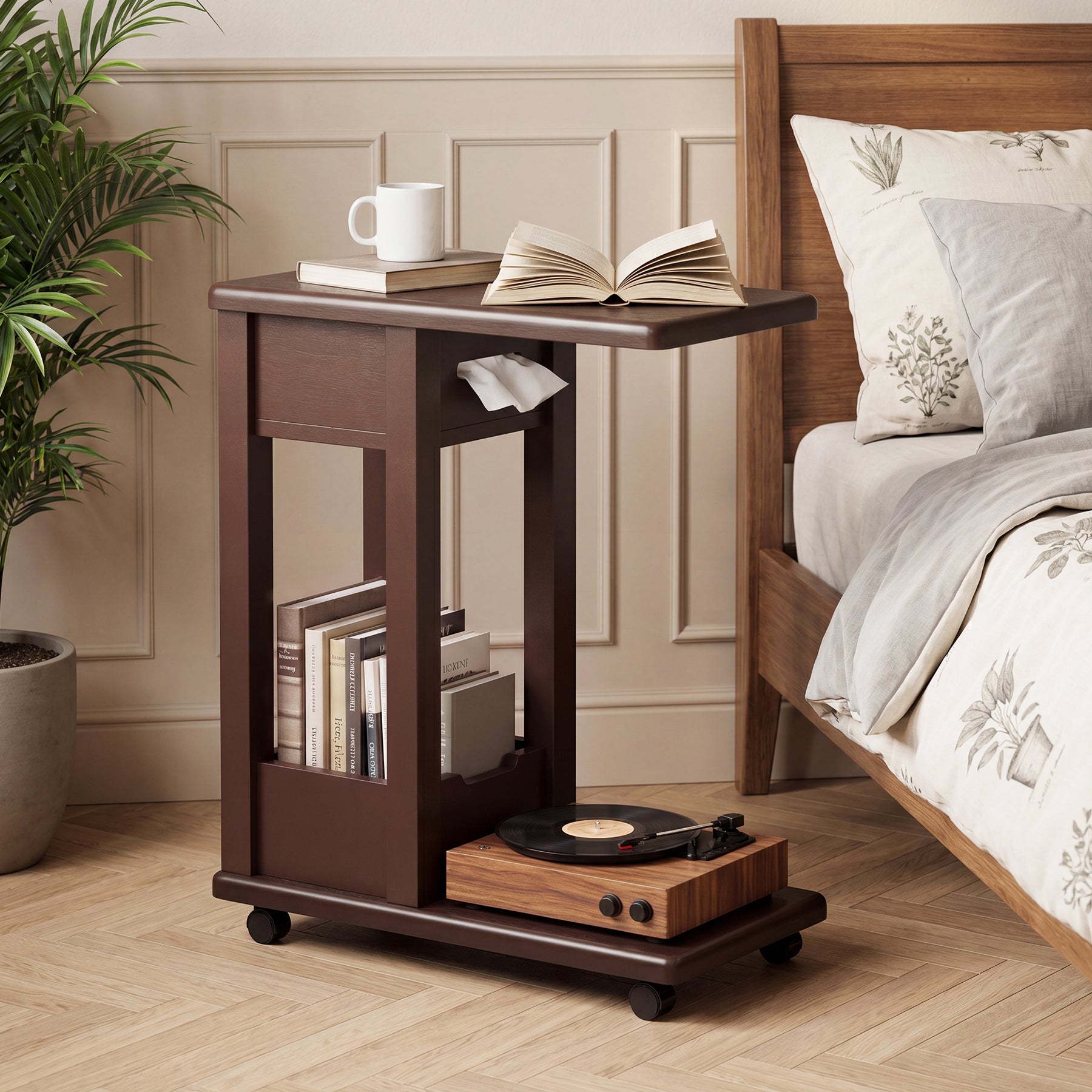 C-Shaped Side Table, 2-Tier Rolling Sofa End Table with Swivel & Lockable Casters