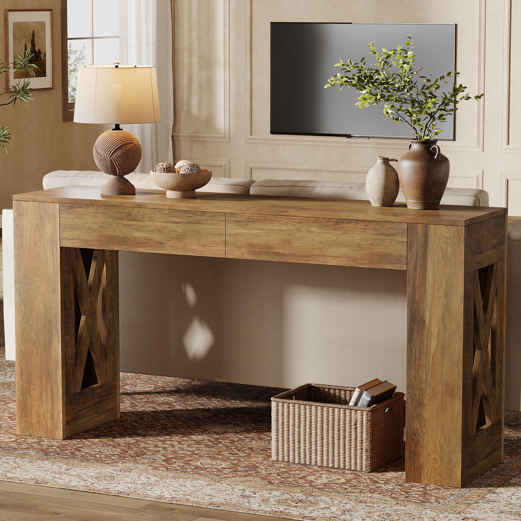 63" Console Table, Narrow Sofa Table with 2 Drawers and X-Shaped Legs