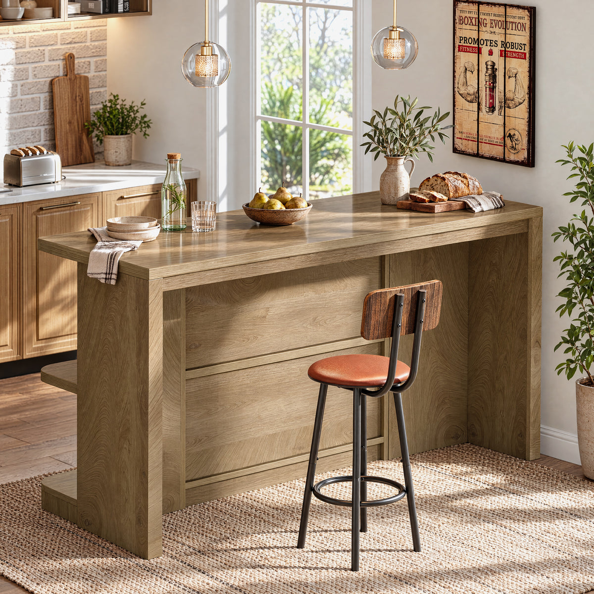 63" Kitchen Island with Storage Shelves & Seating Space, Stationary Island Table