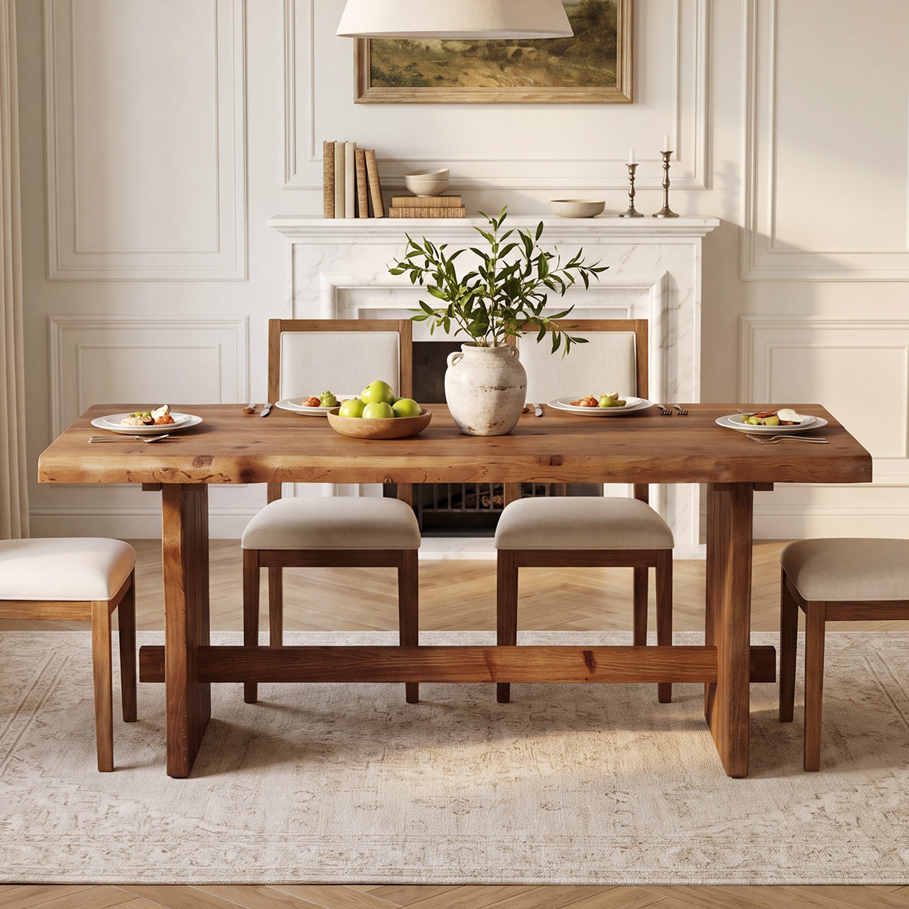 63" Solid Wood Dining Table, Live Edge Rectangular Kitchen Table for 4-6 People