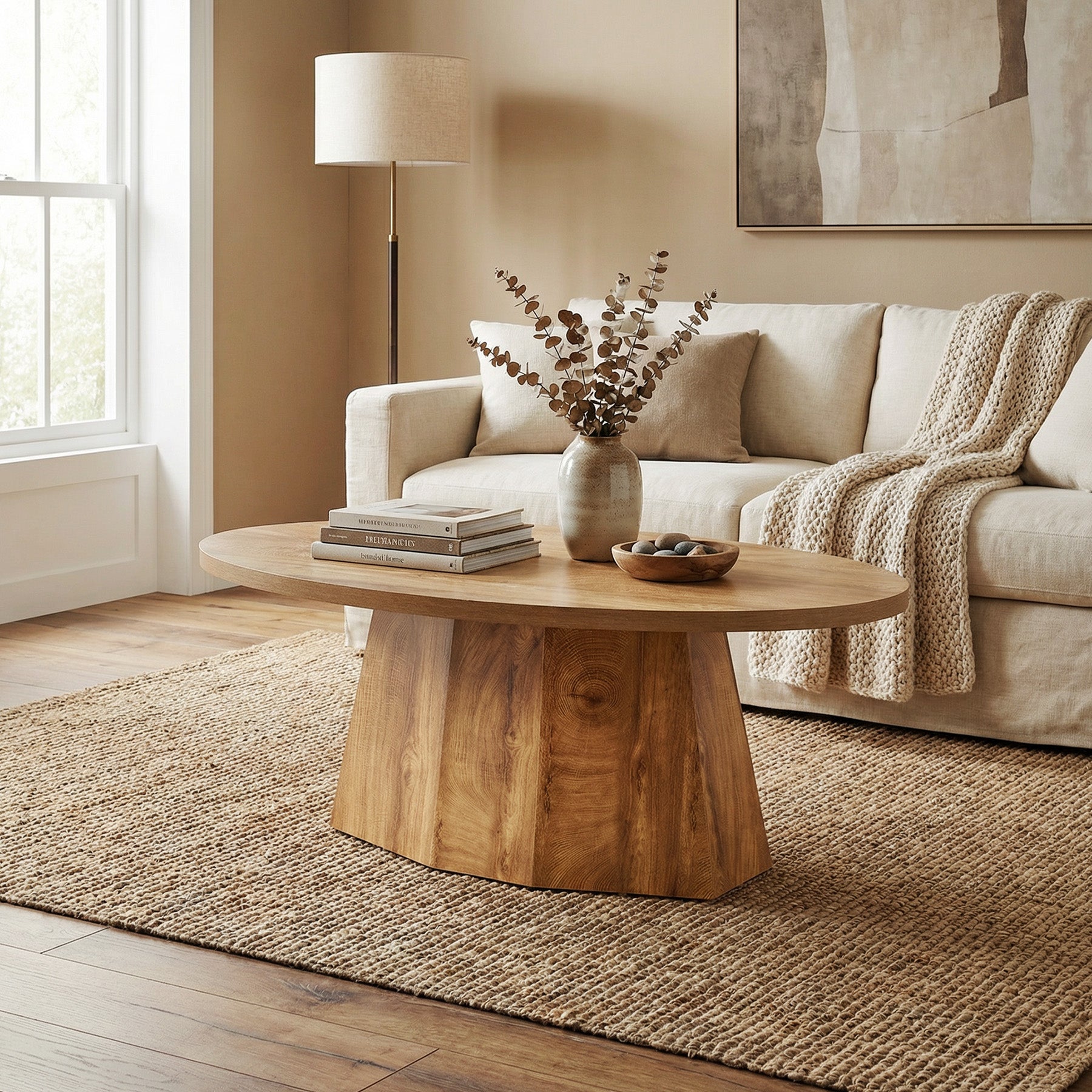 Oval Coffee Table, 47" Center Accent Table with Polygonal Pedestal for Living Room