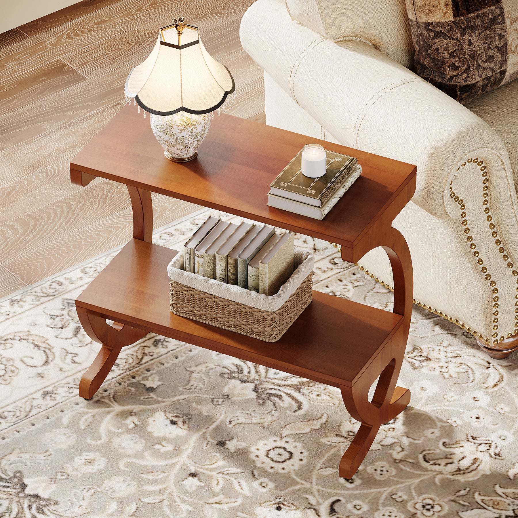 Solid Wood End Table, Narrow 2-Tier Side Table with Storage Shelf