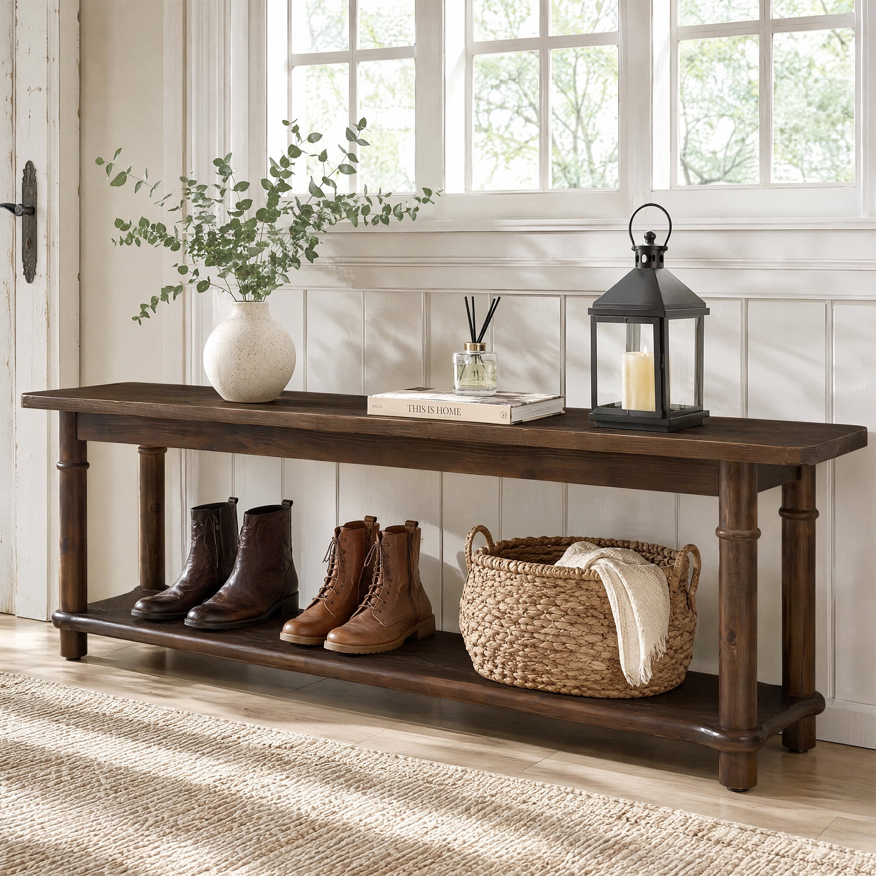 55" Farmhouse Dining Bench, Solid Wood 2-Tier, Kitchen Bench, Dining Room