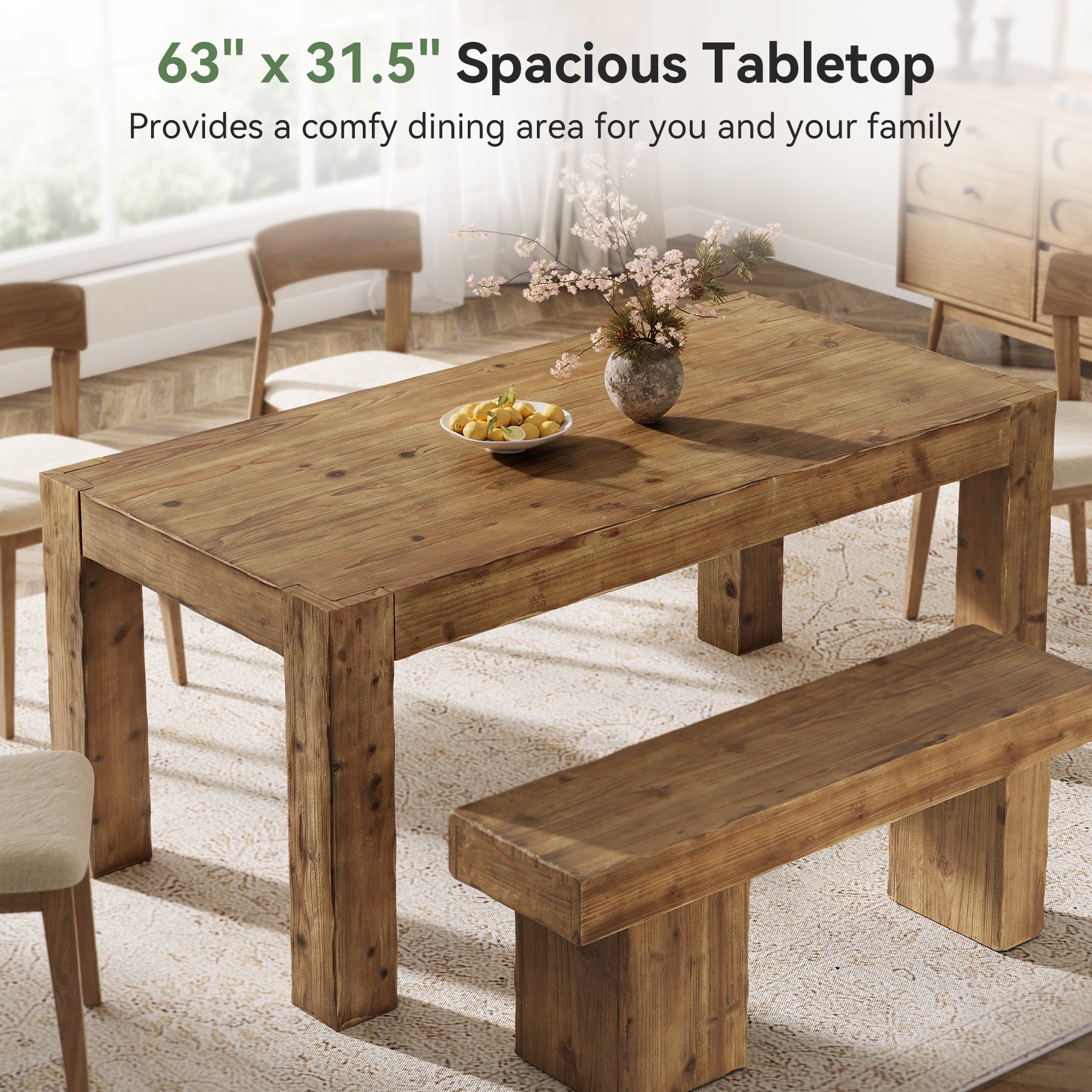 63" Dining Table, Solid Wood Dinner Kitchen Table For 4 To 6