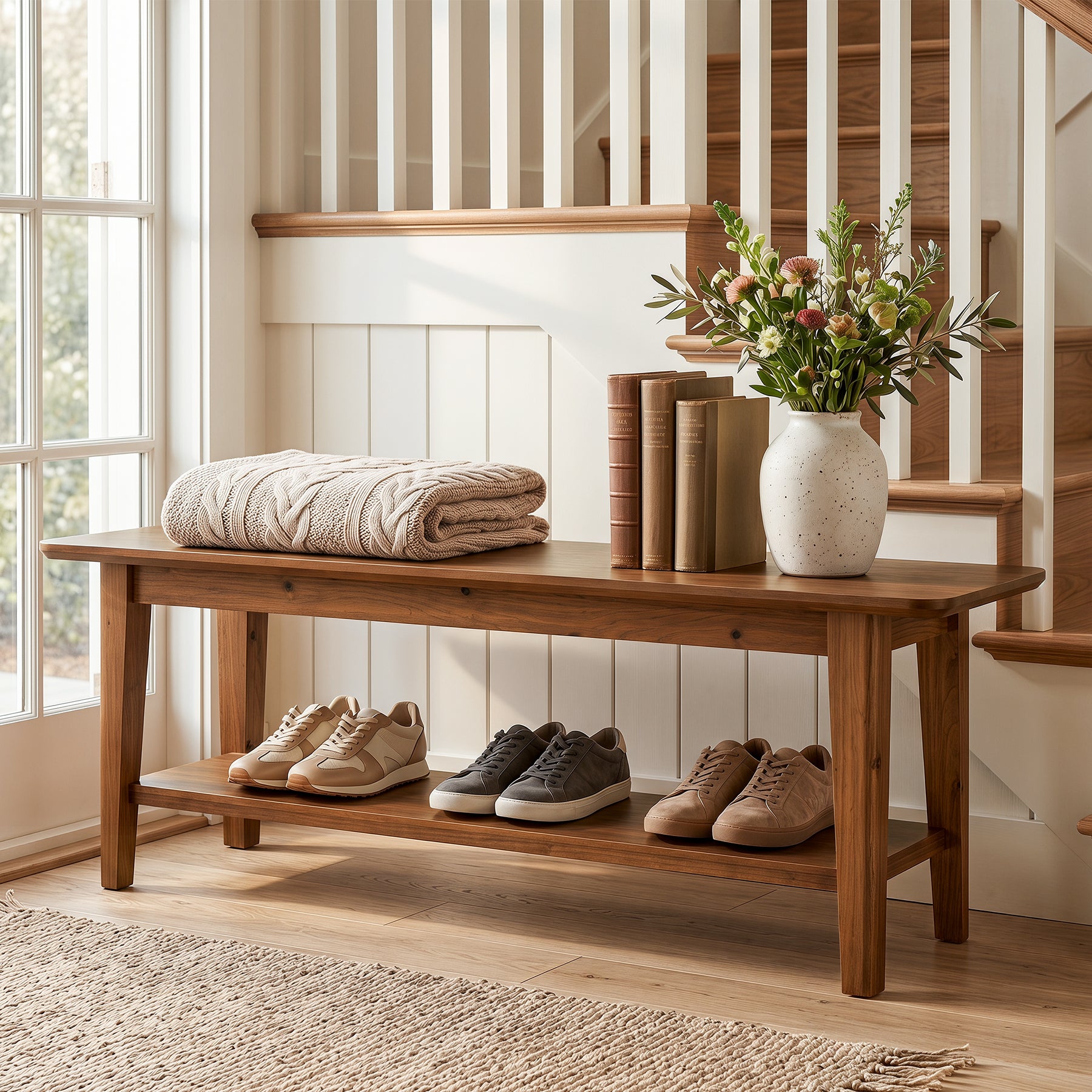 55" Solid Wood Entryway Bench, Farmhouse Shoe Storage Bench With Shelf For Hallway