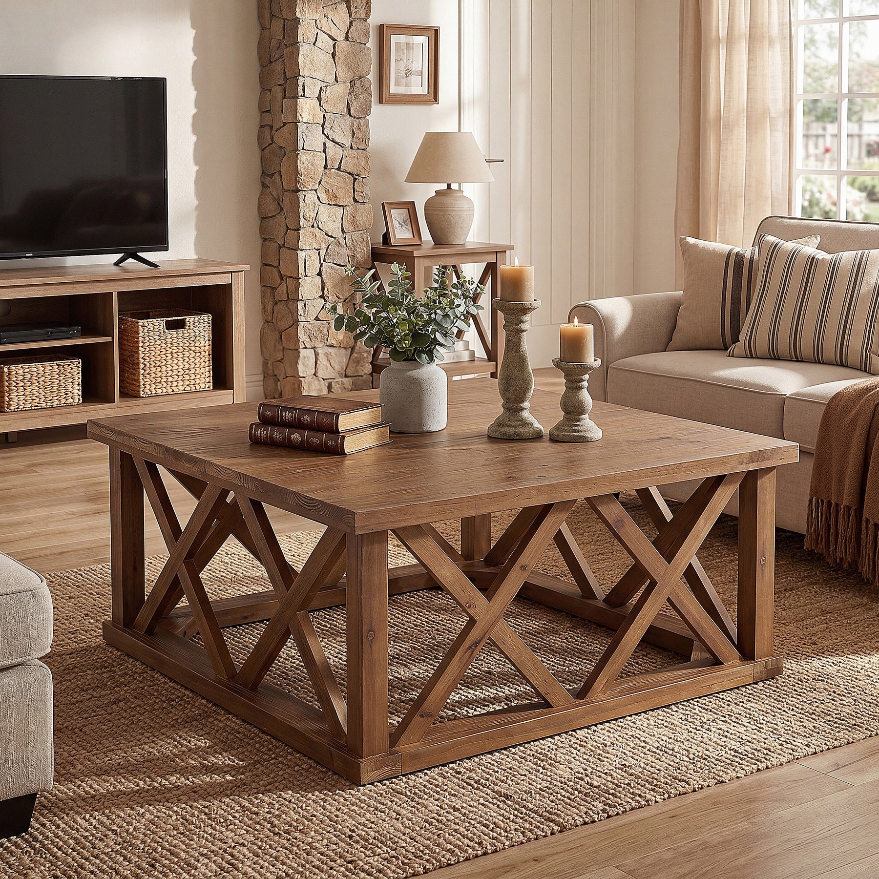 Tribesigns 39.37" Solid Wood Coffee Table, Square Farmhouse Table for Living Room