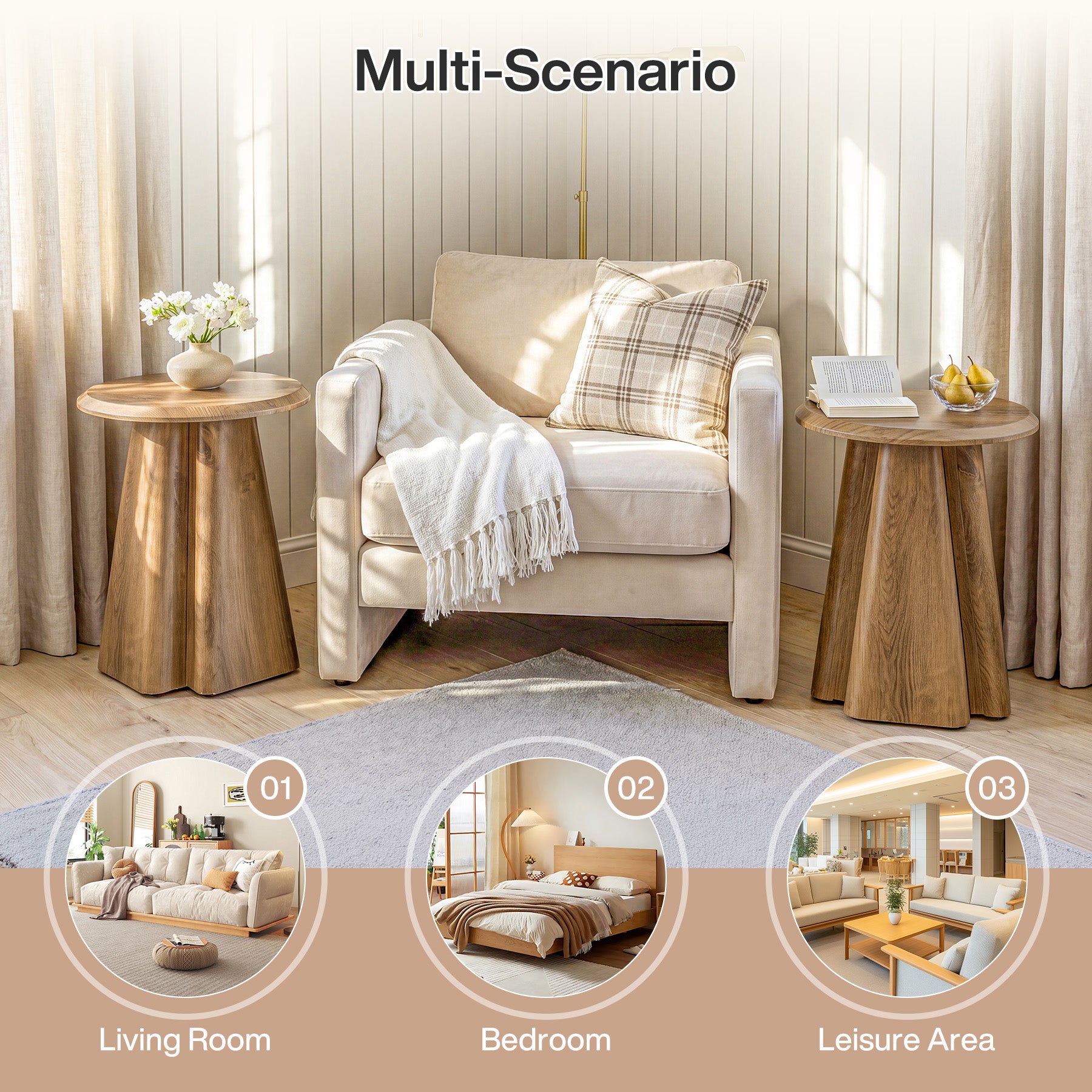 23.6" Round Nightstand, Wooden Bedside Table with Sturdy Support