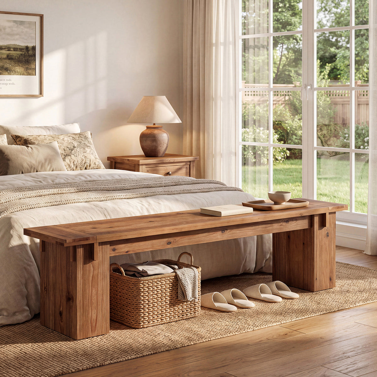 71" Farmhouse Solid Wood Dining Bench with Thick Legs, Kitchen & Dining Room Bench