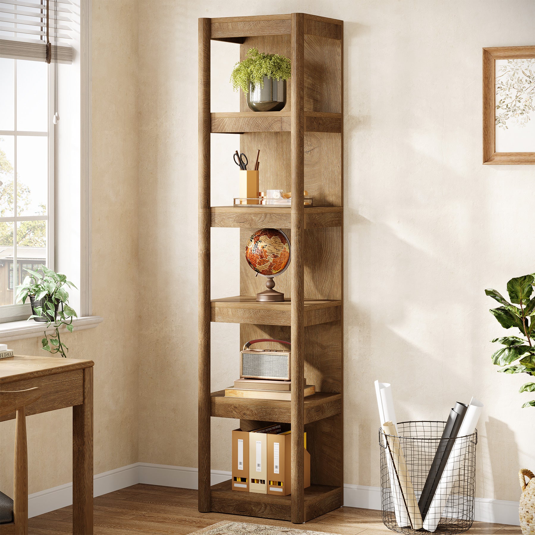 5-Tier Narrow Bookcase, 70.9" Farmhouse Bookshelf with Open Storage Rack