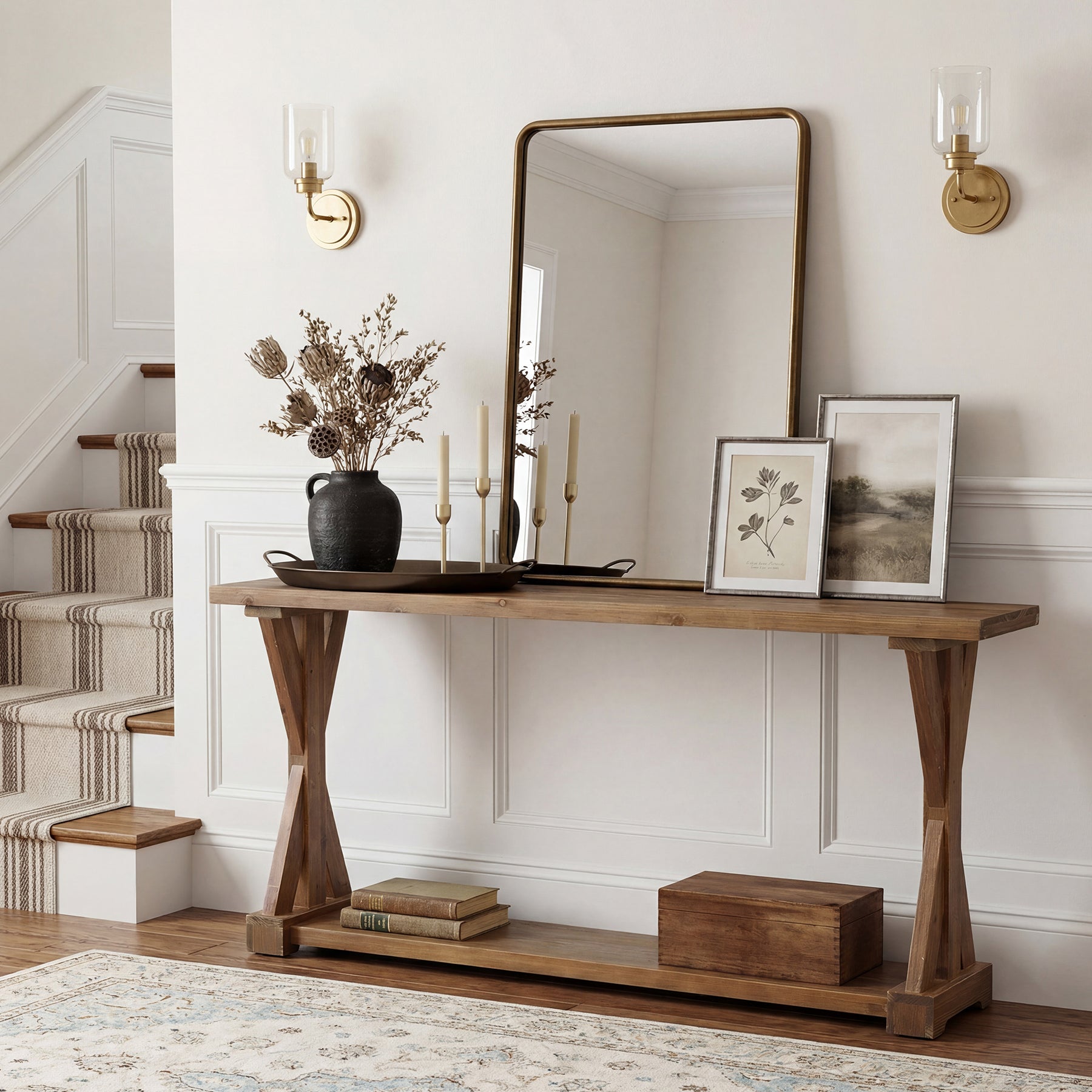 63" Narrow Console Table, Farmhouse Solid Wood Entryway Table with 2-Tier Storage