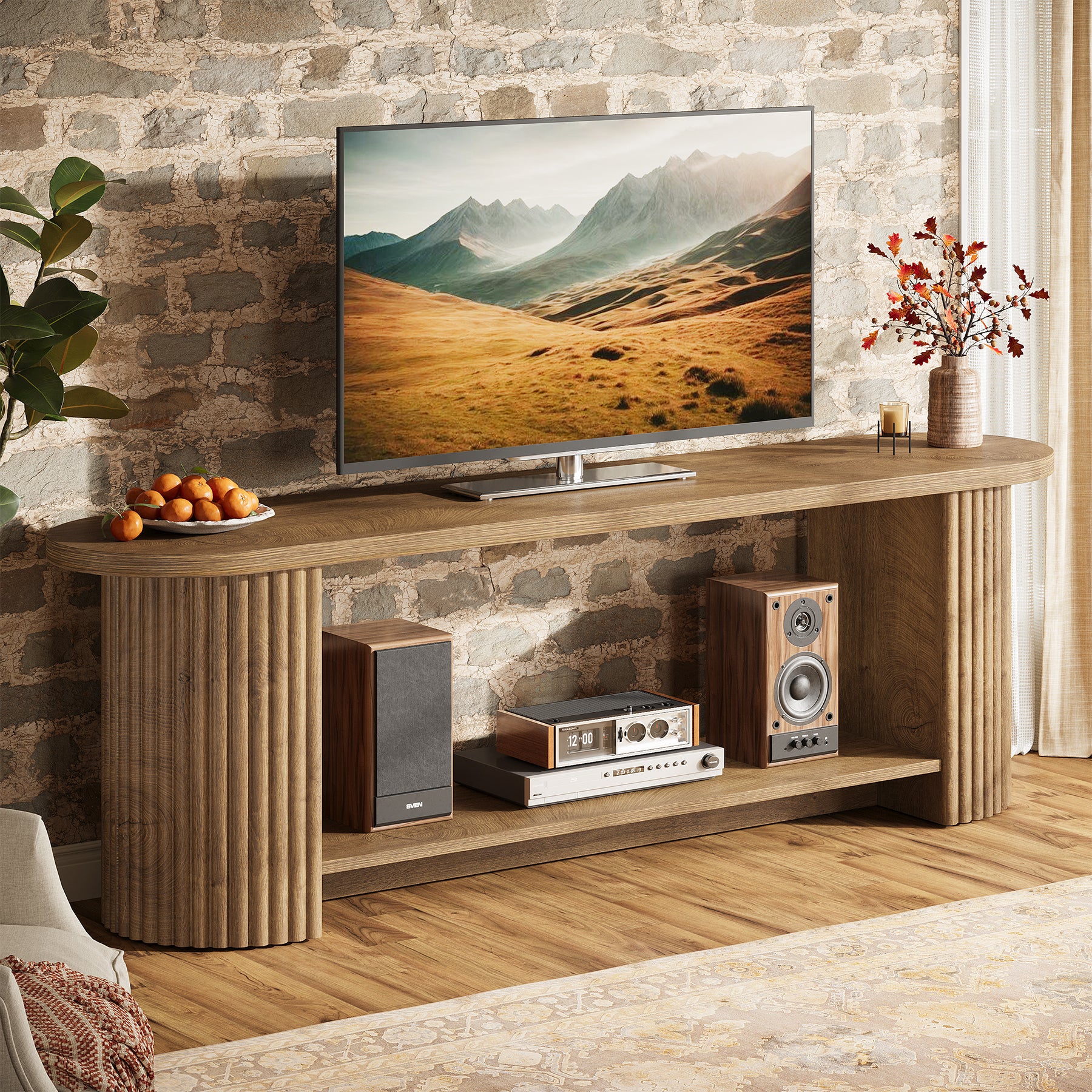 63” Fluted TV Stand, Farmhouse Entertainment Center with Storage Shelf