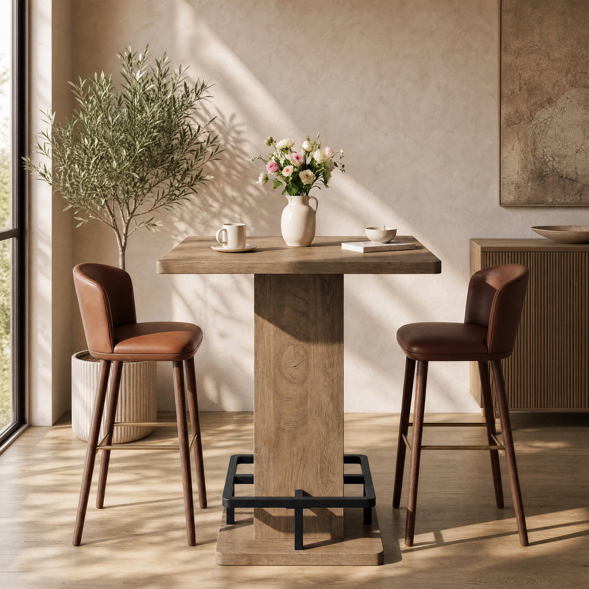 31.5" Square Bar Table, Pedestal Base & Built-in Footrest, Pub Table Home Bar Kitchen