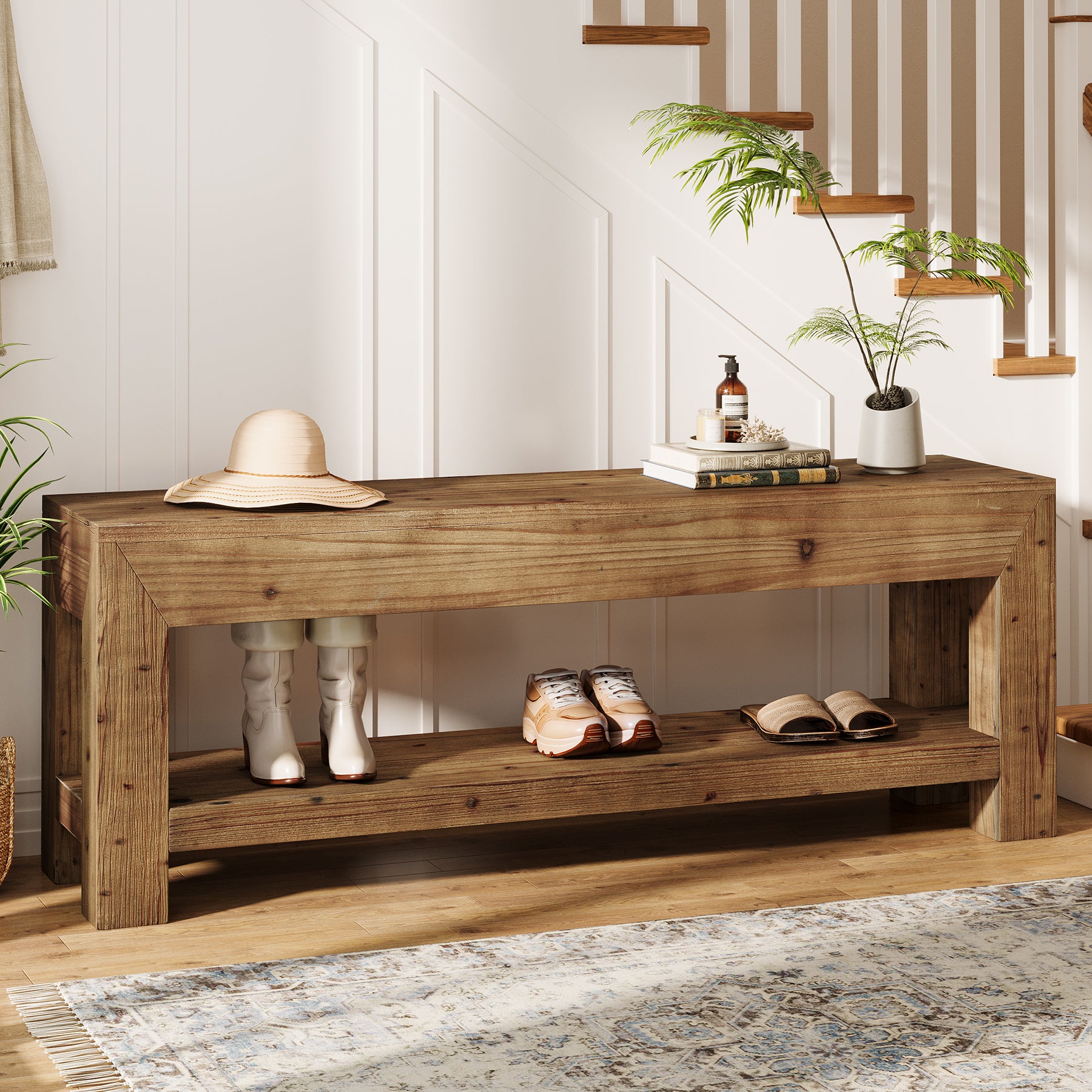 47.24" Solid Wood Entryway Bench, Narrow Shoe Bench with Open Shelves