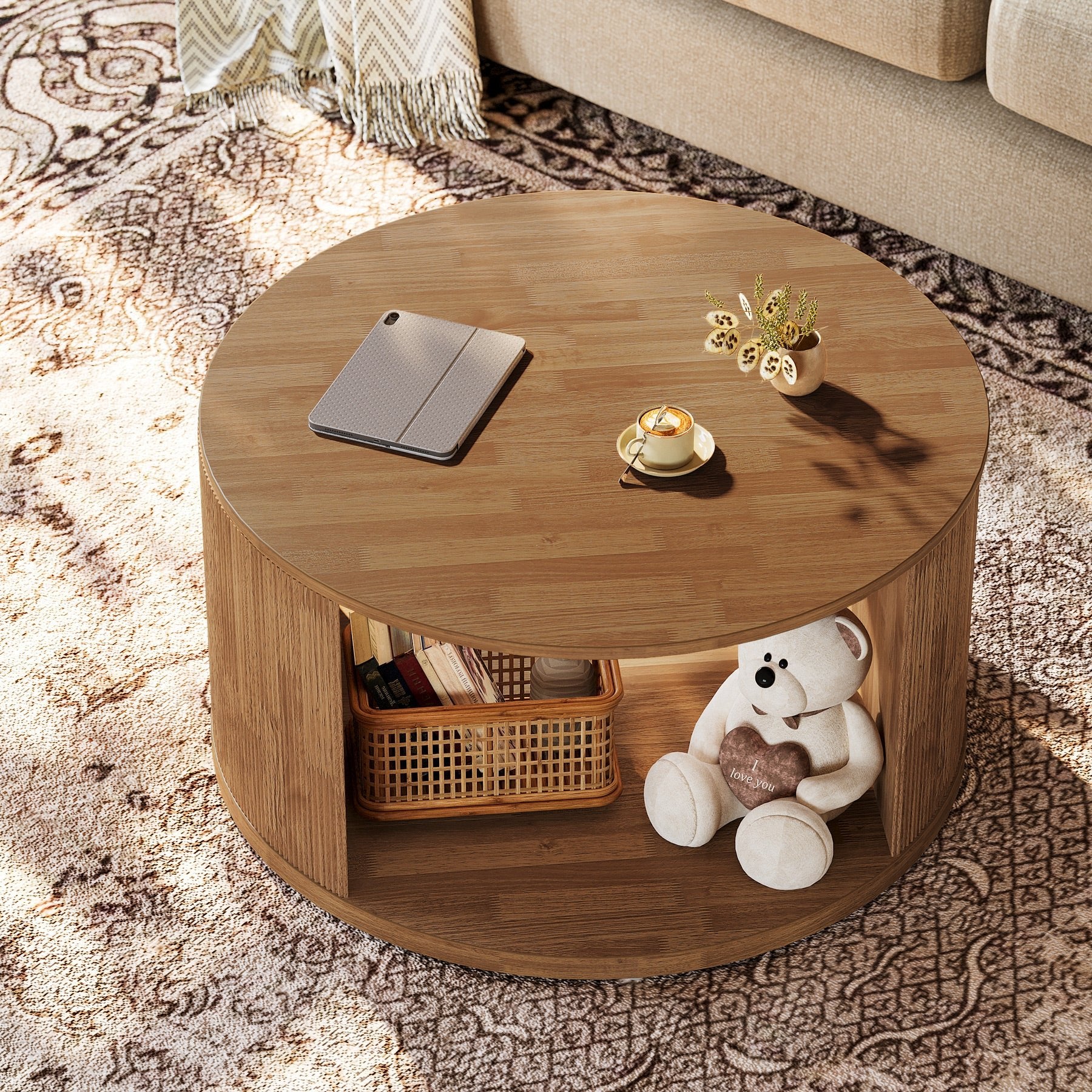 Round Coffee Table, 31.5" Center Table with Fluted Drum Base and Alcove Storage