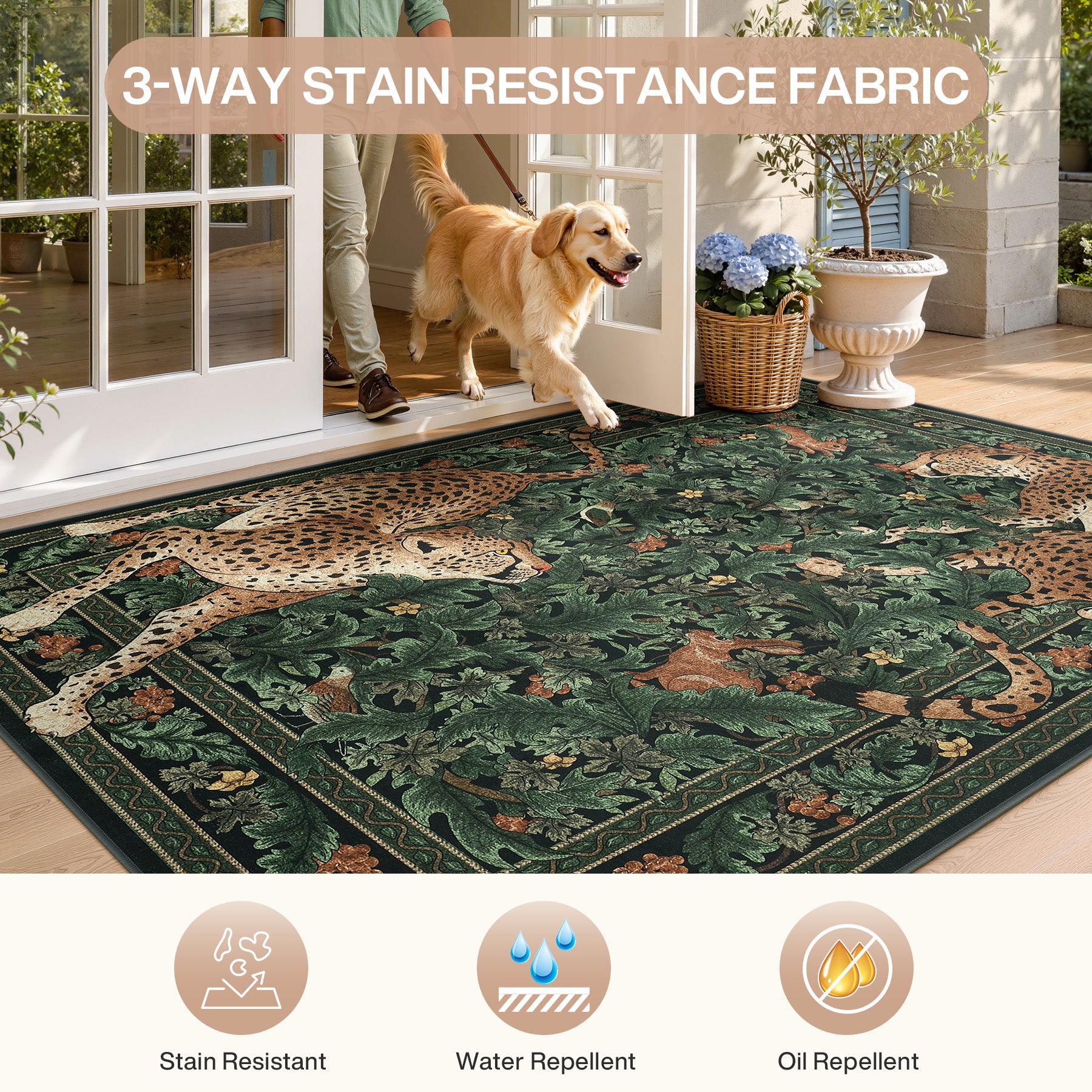 Morris Jungle Leopard Print Rug, Non Slip Washable Area Rug for Living Room, Bedroom