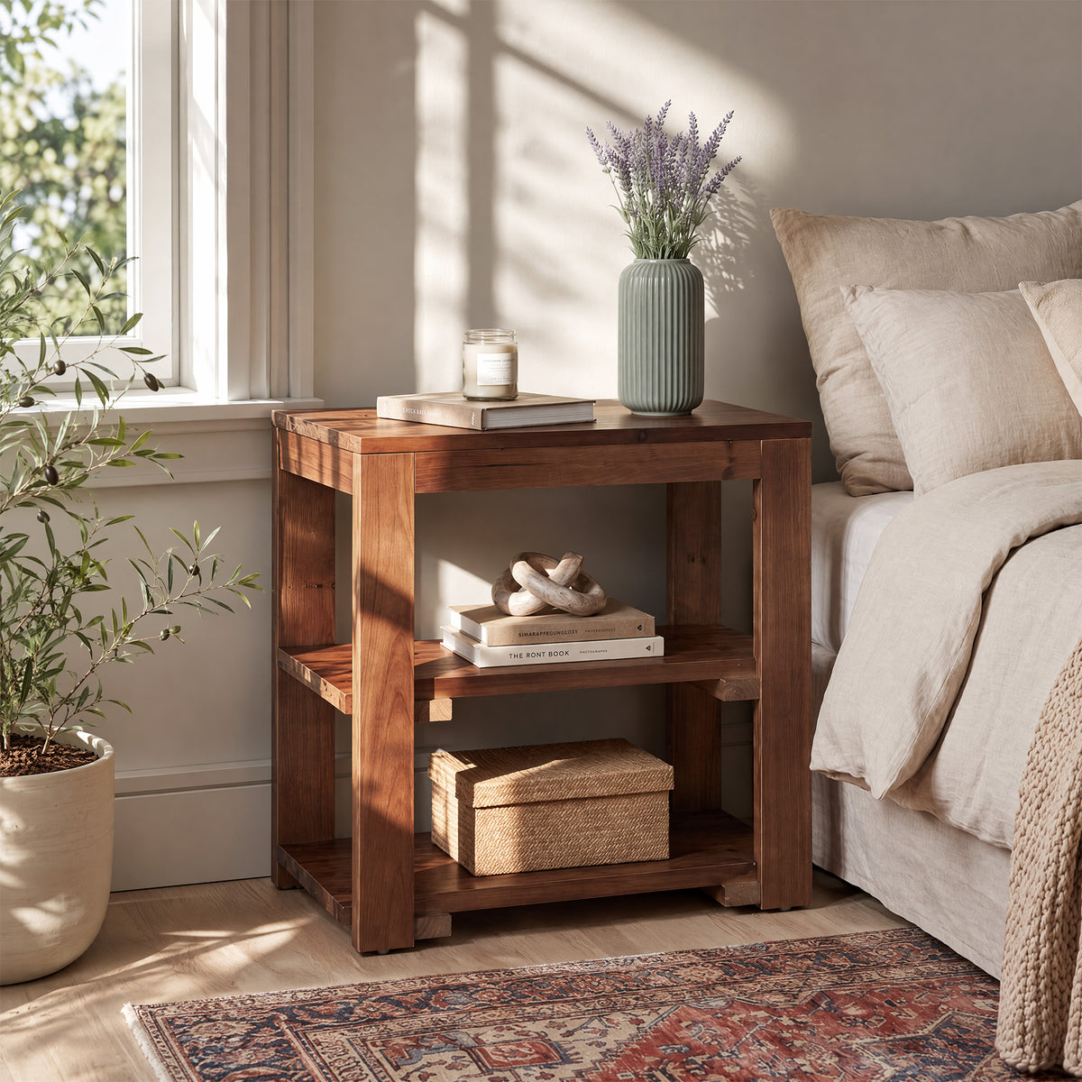 Farmhouse Solid Wood Side Table, 3-Tier Rectangular End Table with Storage