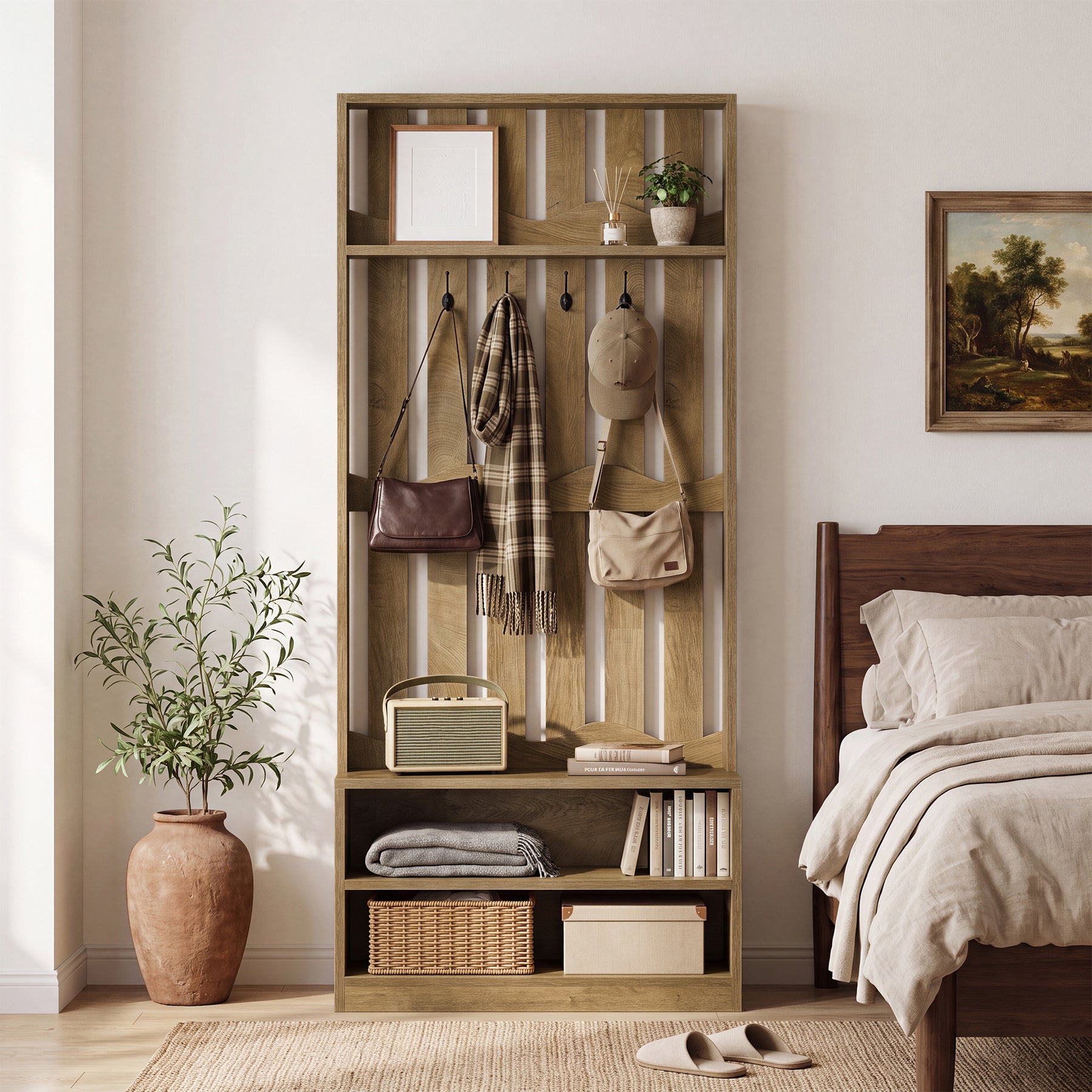 71.6" Tall Hall Tree, Farmhouse Entryway Storage with Bench & 4 Coat Hooks