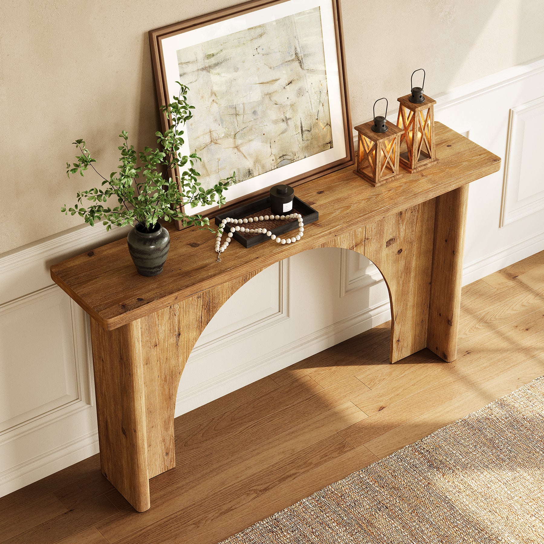 Solid Wood Console Table, 63" Entryway Sofa Table with Unique Arch Base