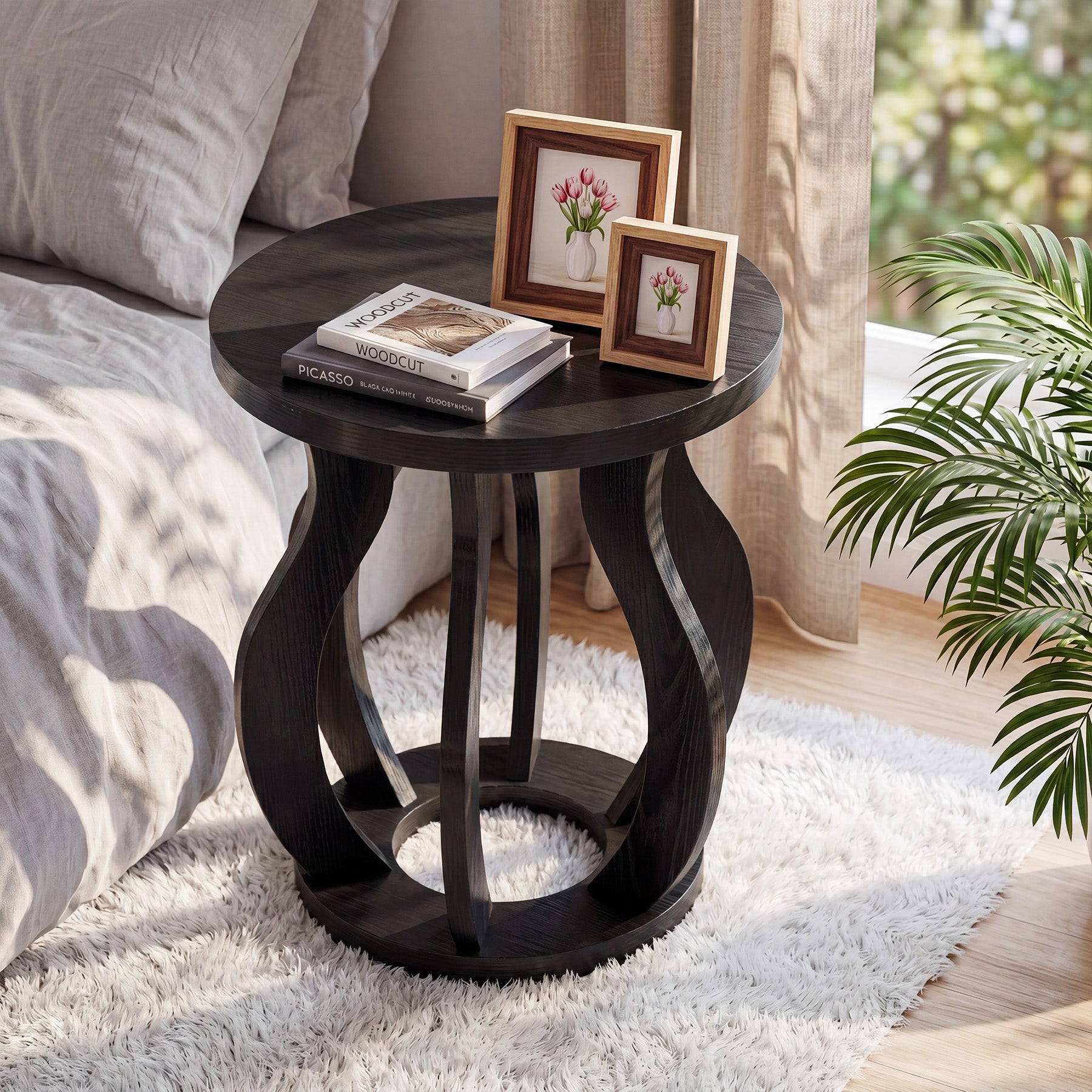 Tribesigns 19.69" Round Side Table, Curved Wooden Nightstand for Small Spaces