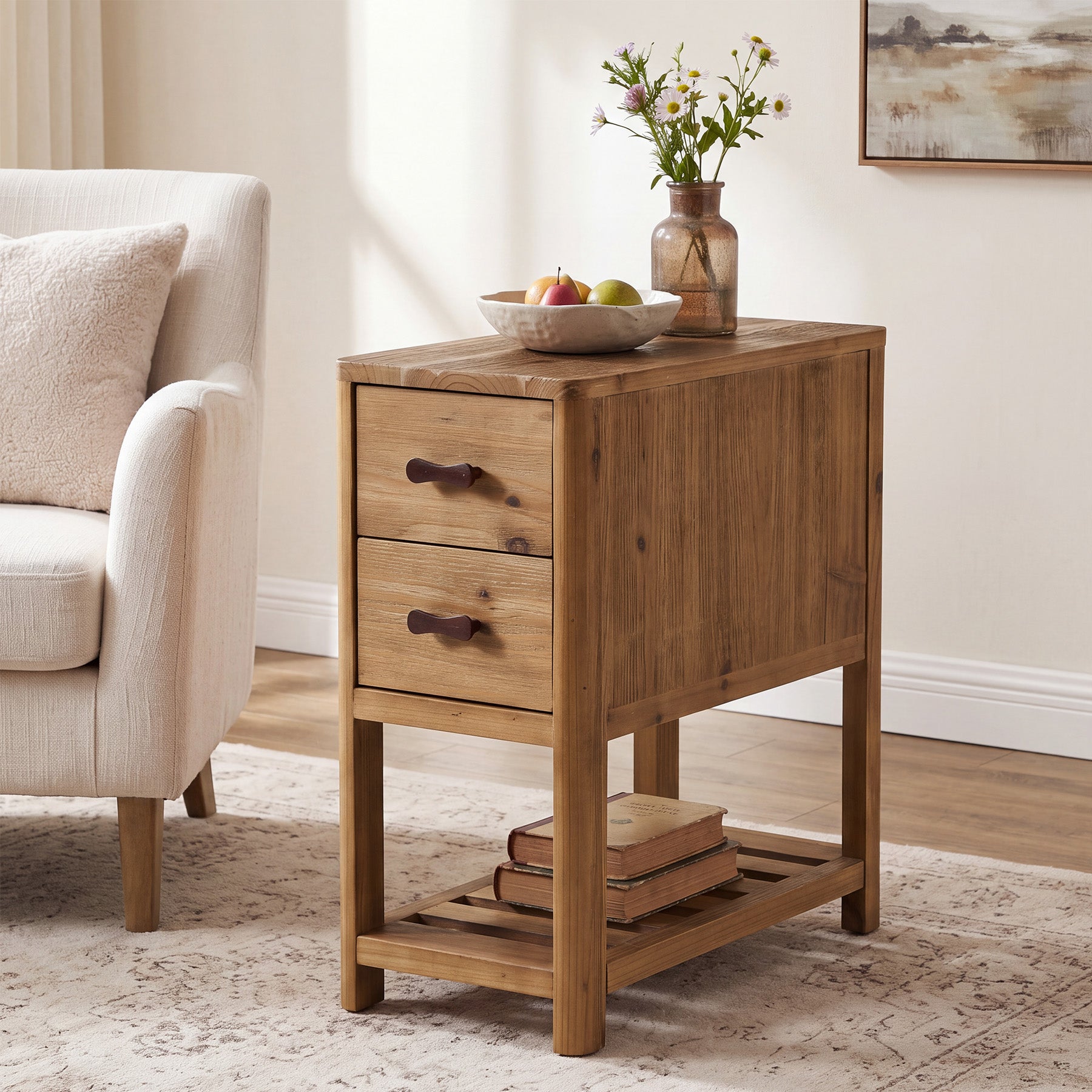 Farmhouse Narrow Nightstand with 2 Drawers, Solid Wood Skinny Bedside Table, Bedroom