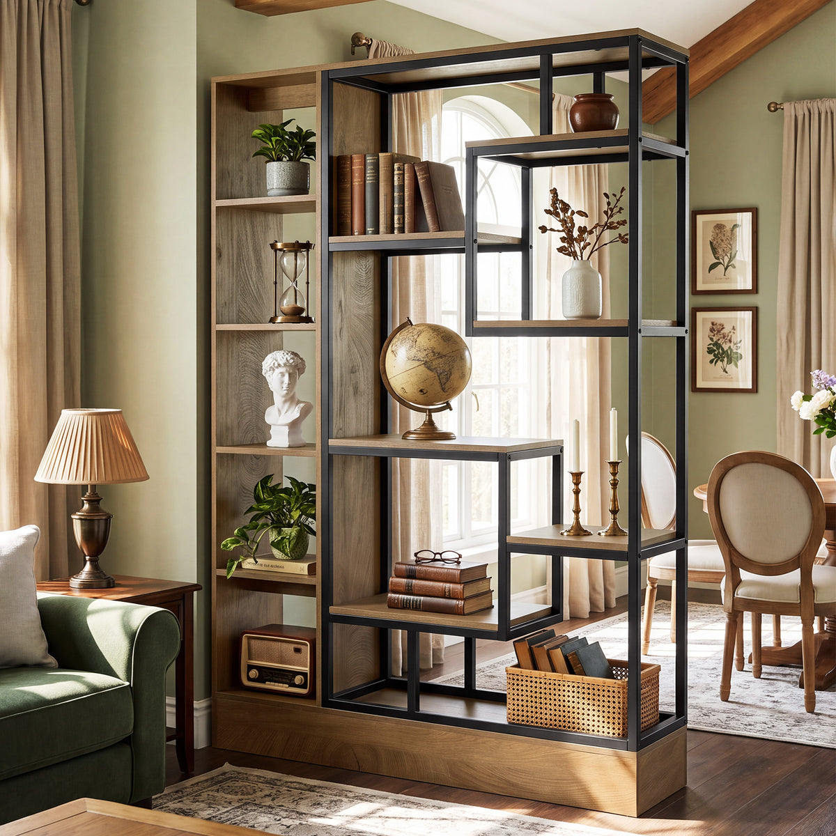 70.9" Wall Room Divider, Industrial Privacy Screen Partition with Open Shelves & Metal Frame